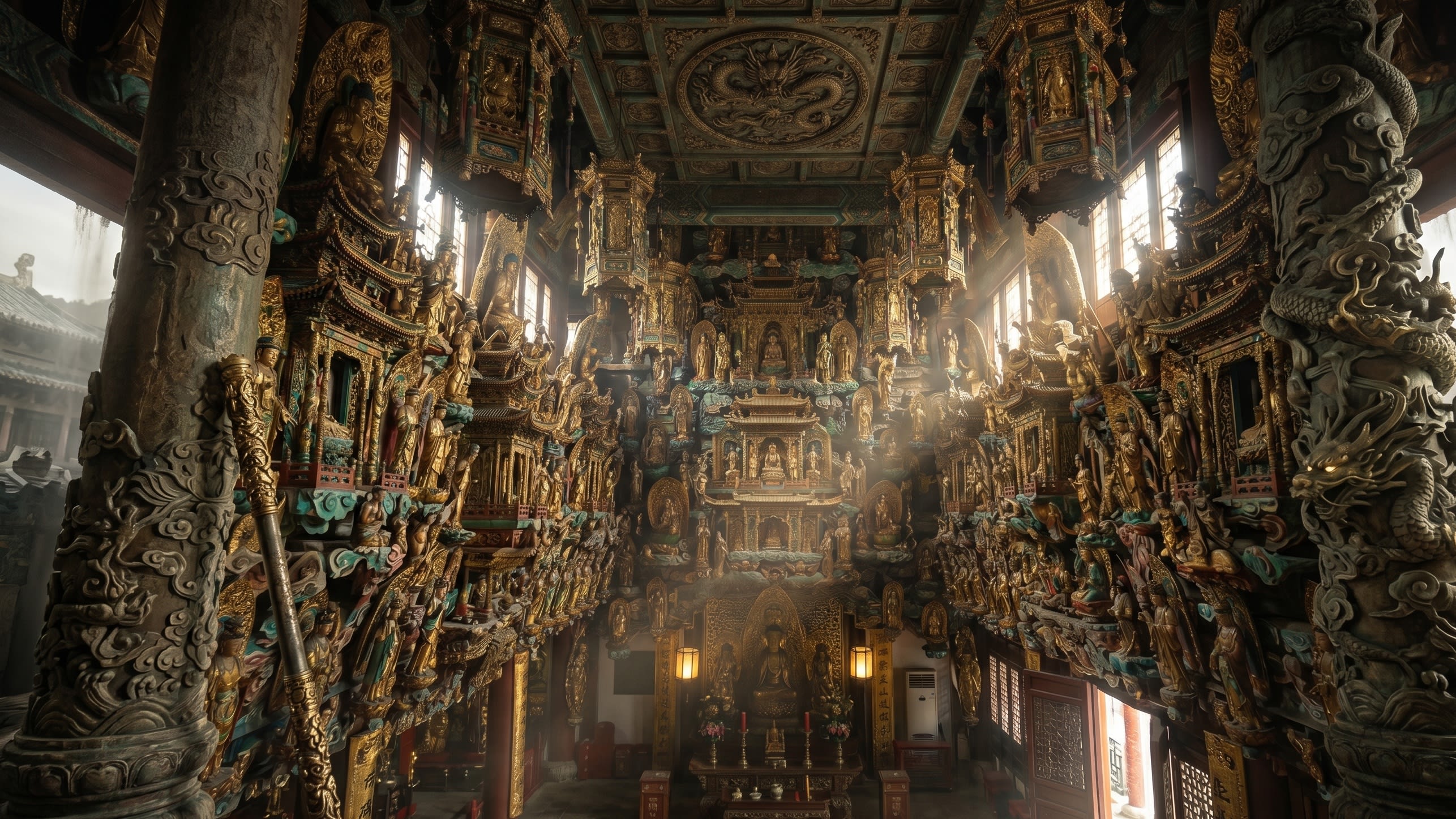 Image 1 - The breathtaking golden suspended sculptures inside Xiaoxitian Temple