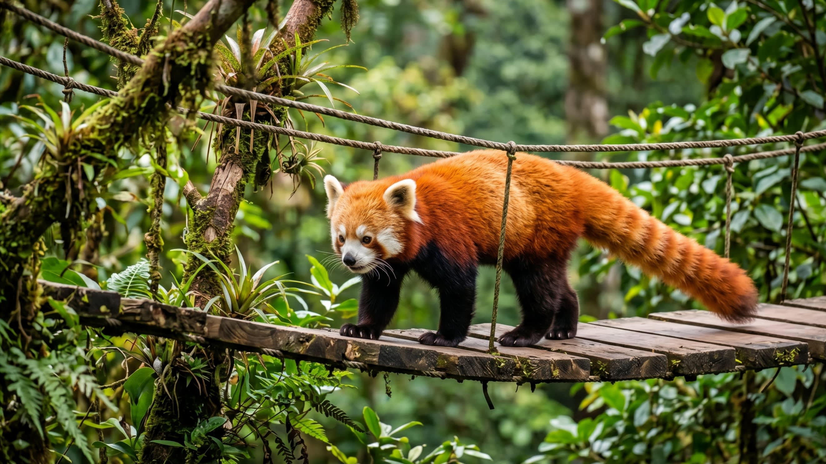 Image 2 - A curious red panda exploring the forest canopy bridge