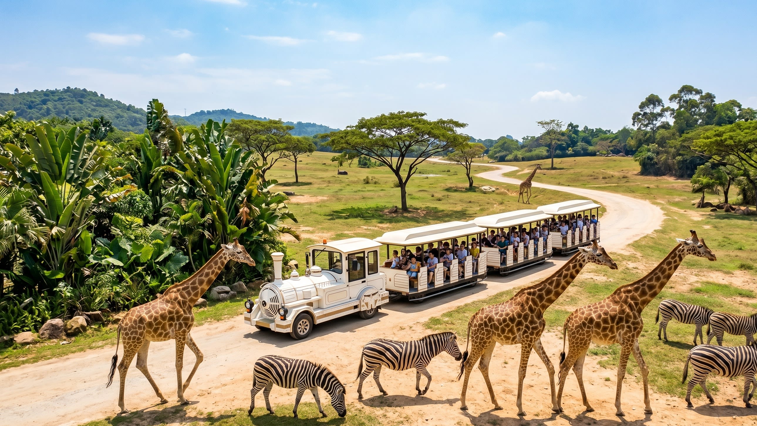 Hero Image - The sprawling savanna of Chimelong Safari Park seen from the mini-train