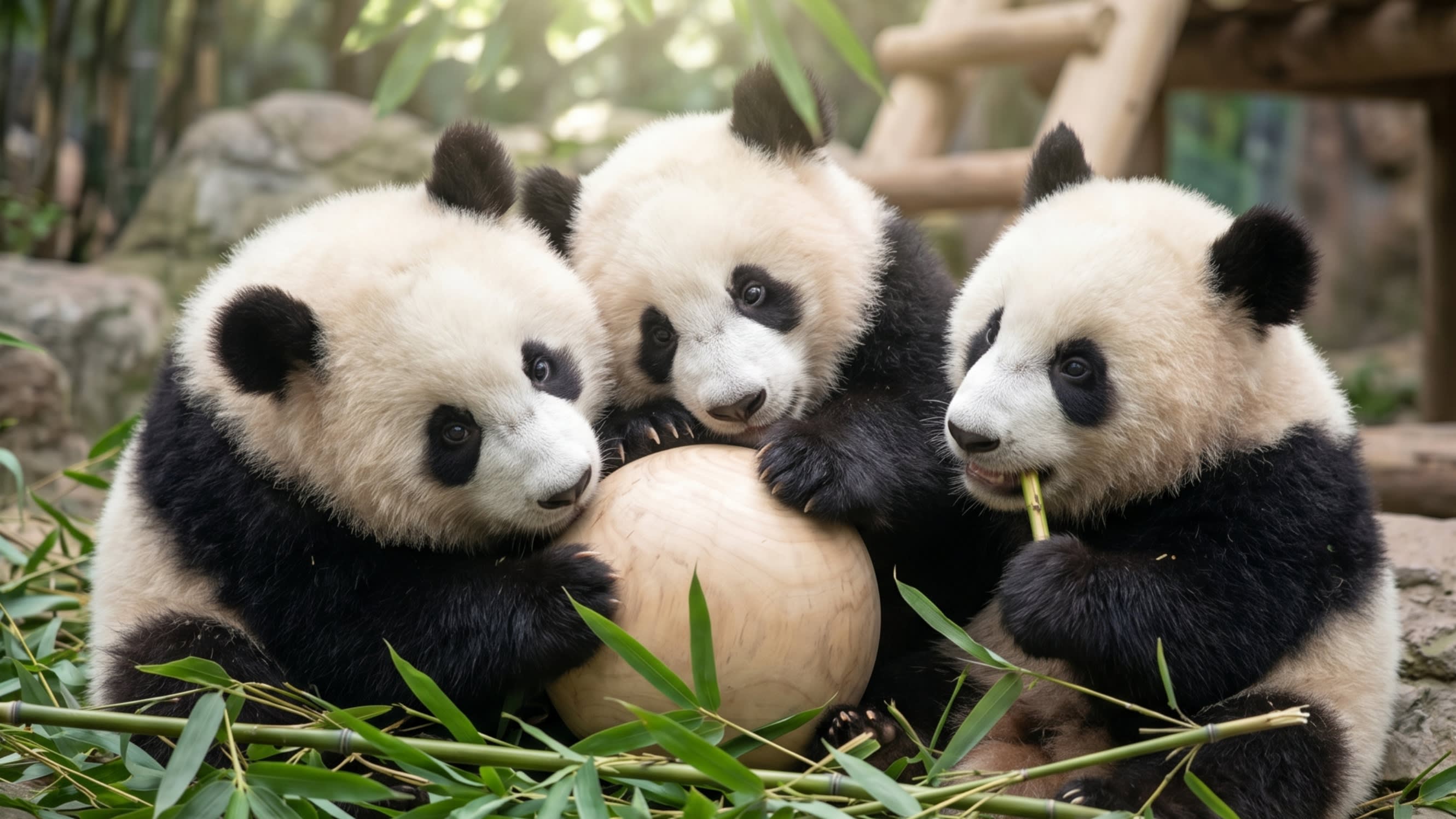 Image 1 - The world's only giant panda triplets playing at the Panda Center