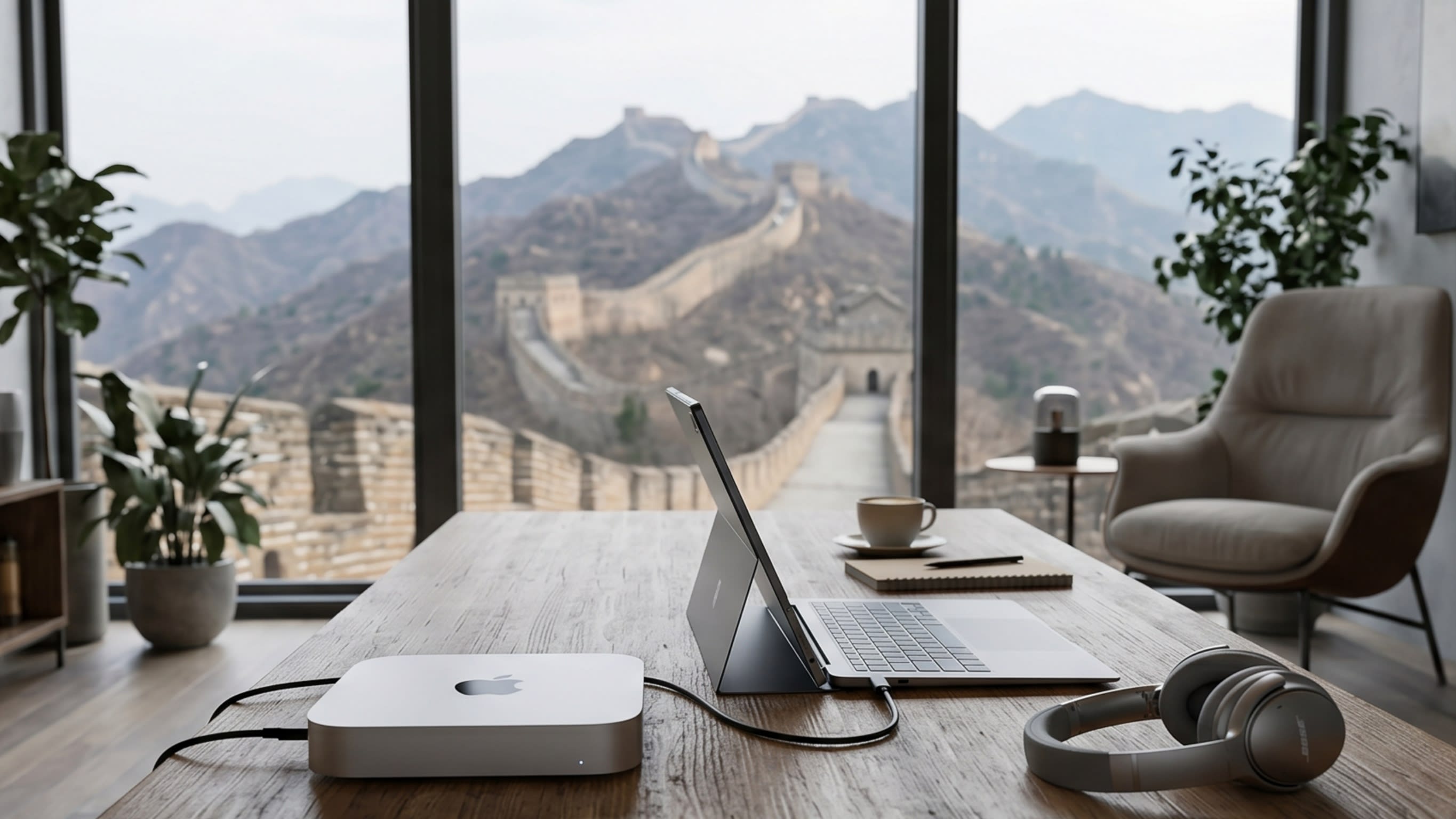 Image 4 - A professional Mac Mini M4 editing suite with a Great Wall view