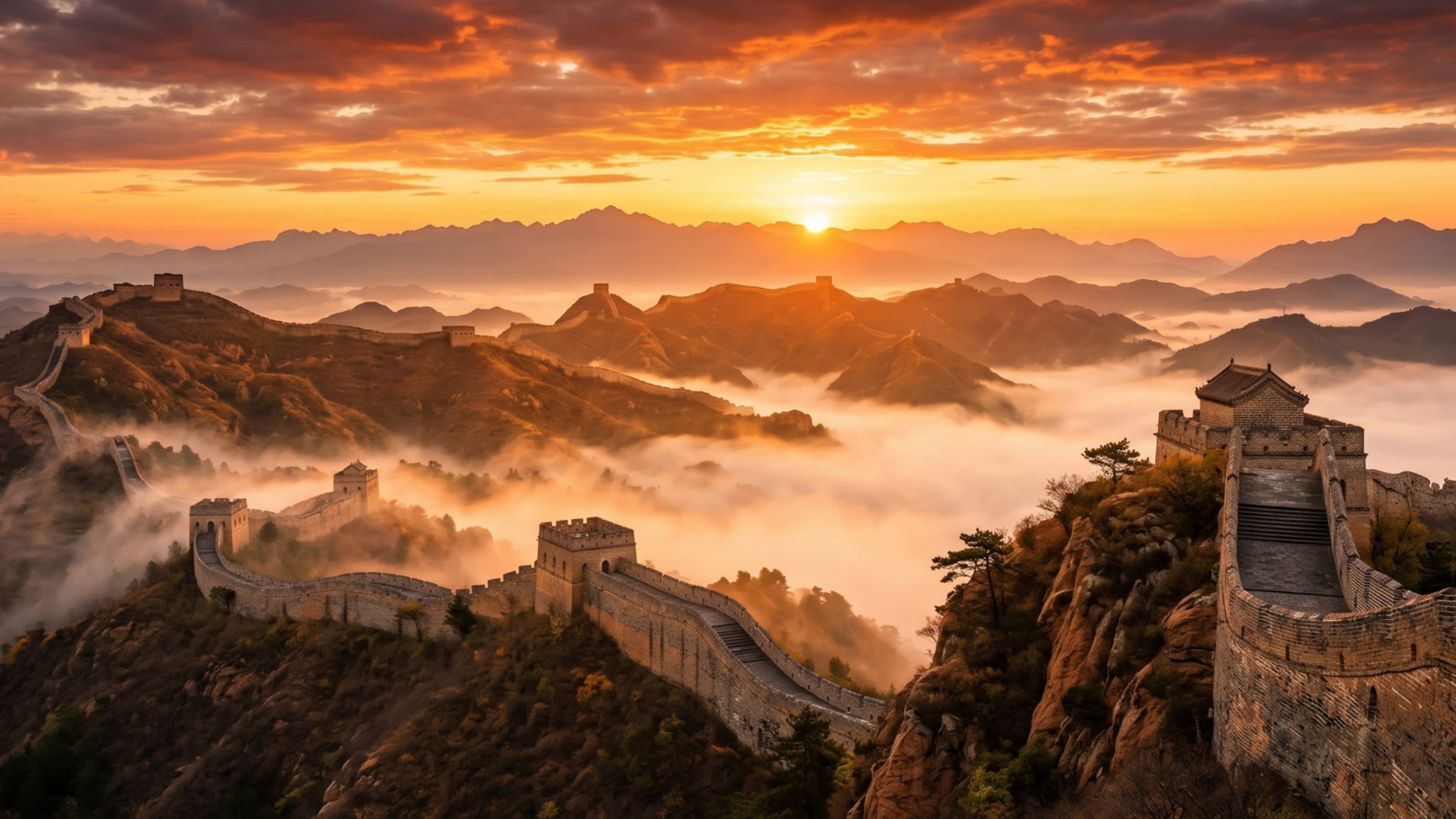 Hero Image - The sun rising over the golden ridges of Jinshanling