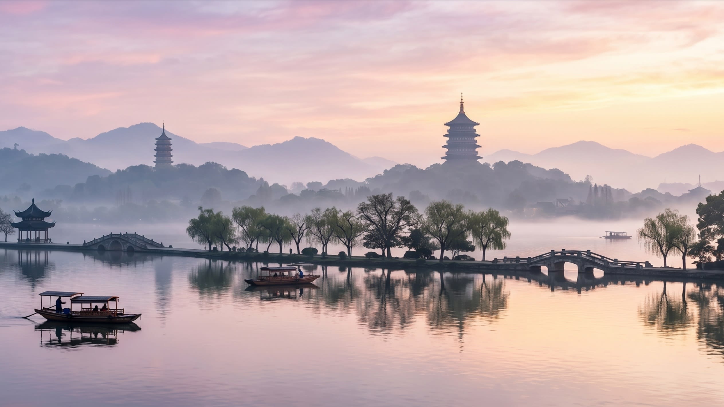 Hero Image - The ethereal morning mist over the ancient waters of West Lake
