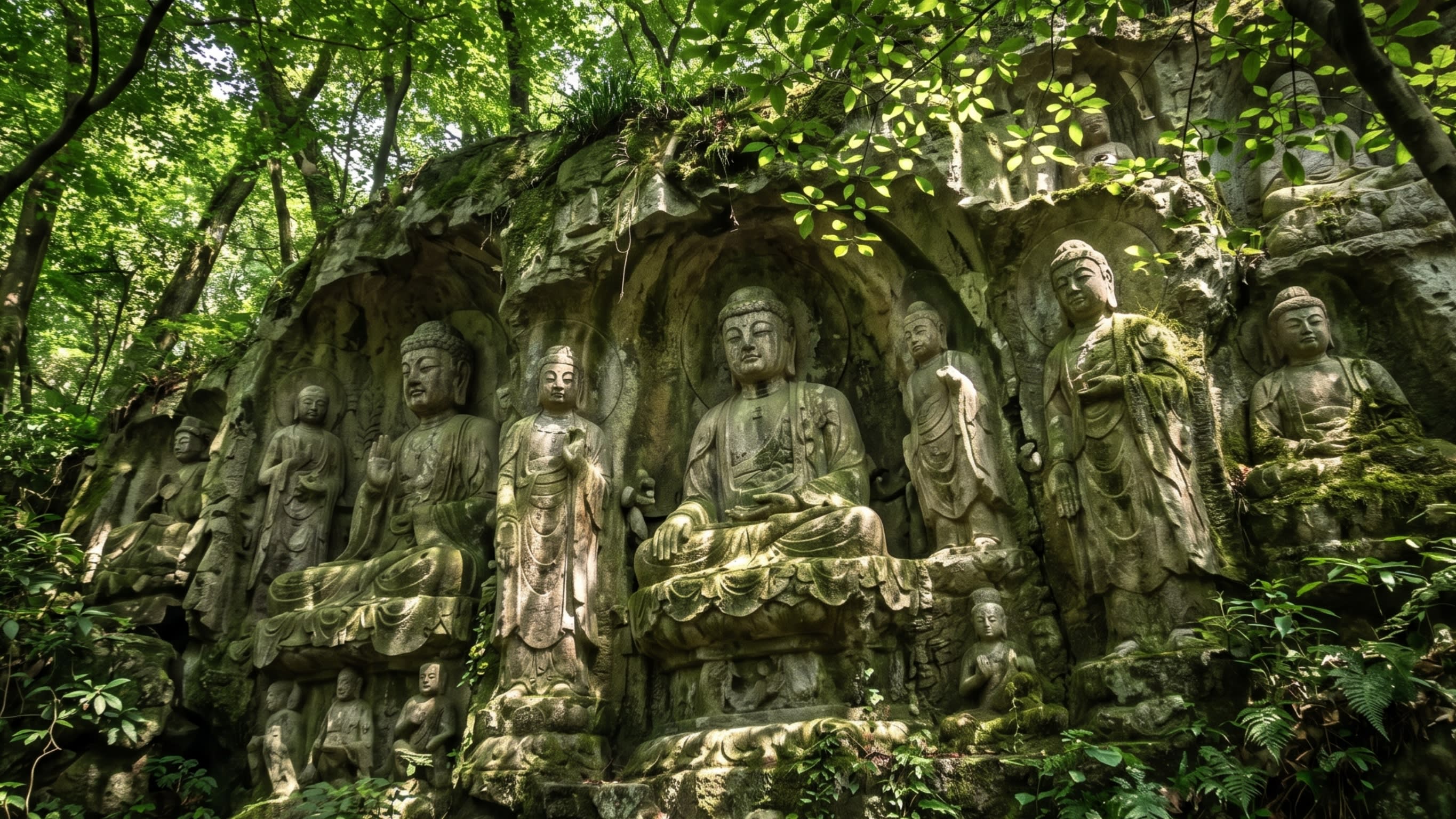 Image 3 - Ancient Buddhist rock carvings weathered by time in the misty forest