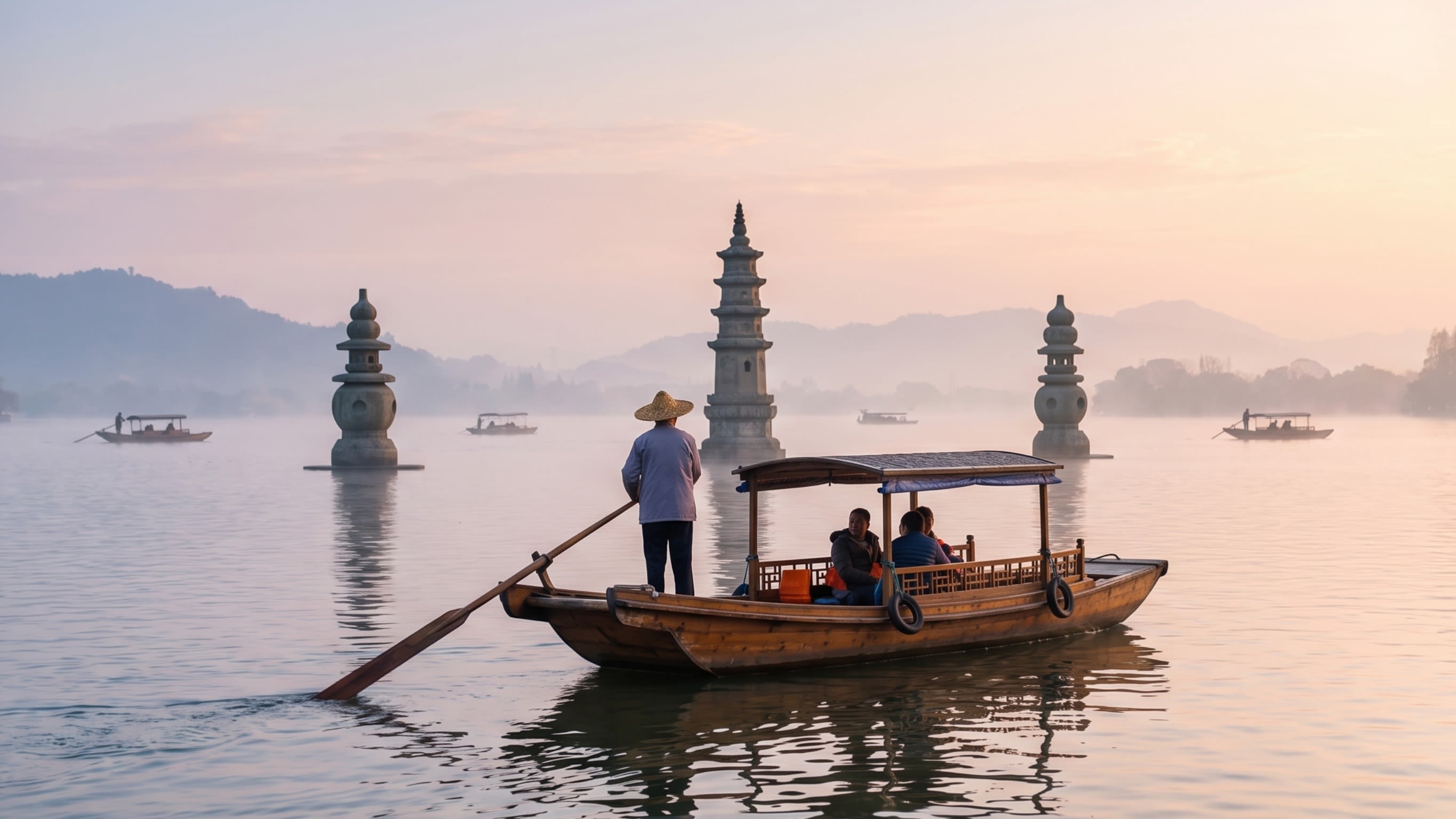 Image 1 - The peaceful rhythm of a traditional hand-rowed boat on the misty West Lake