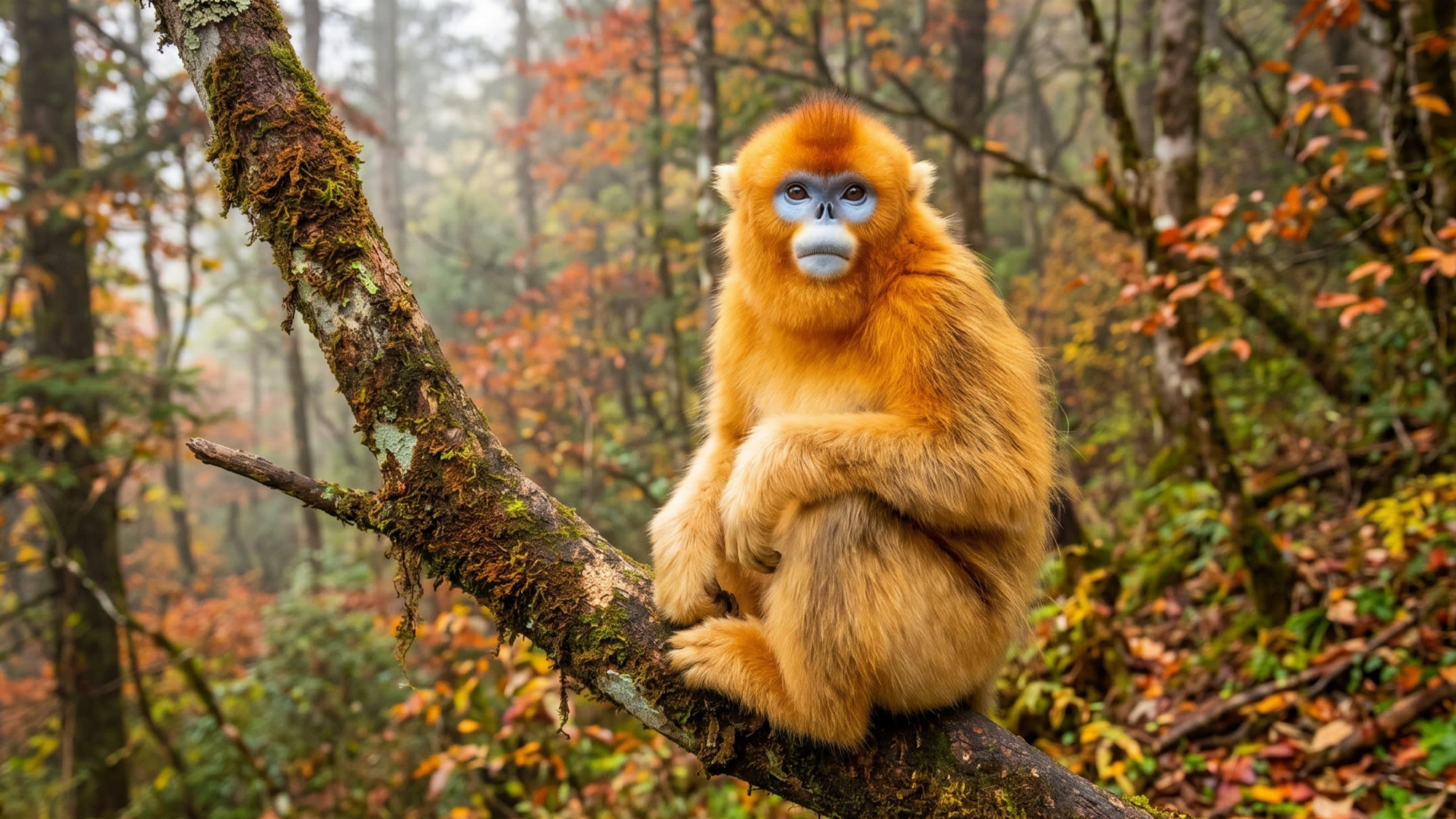 Image 1 - The vibrant orange fur and expressive blue face of the Qinling Golden Monkey