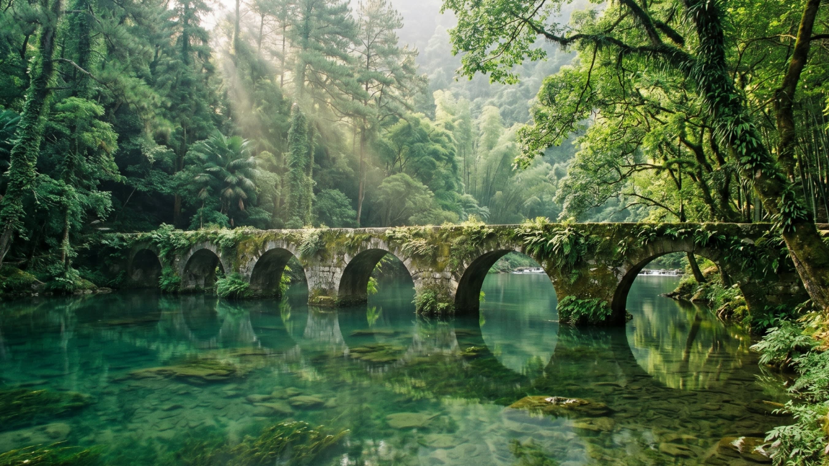 Image 2 - The moss-covered ancient Seven-Hole Bridge over emerald waters