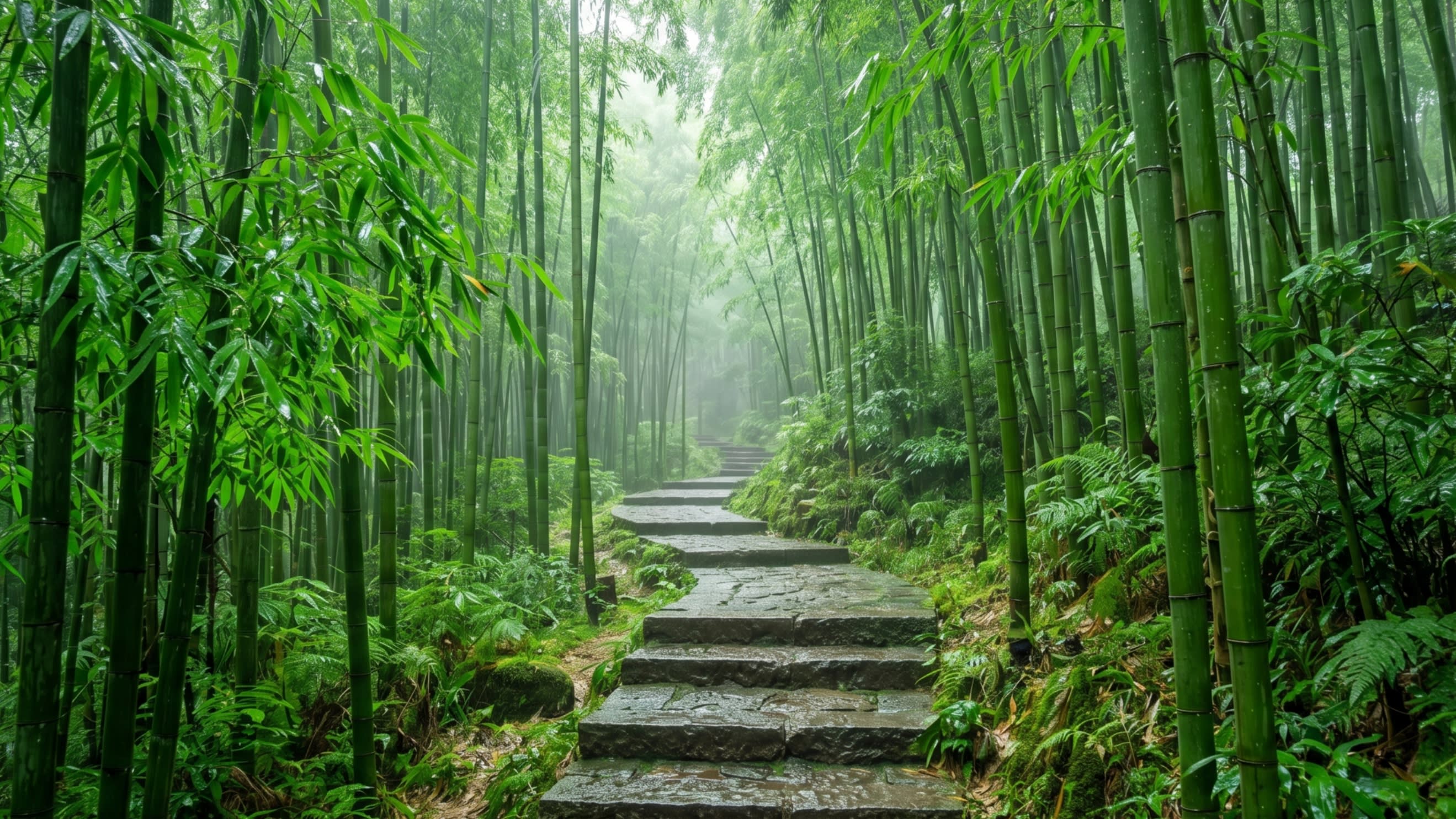 Image 1 - The vibrant, saturated green of a bamboo forest path after a fresh downpour