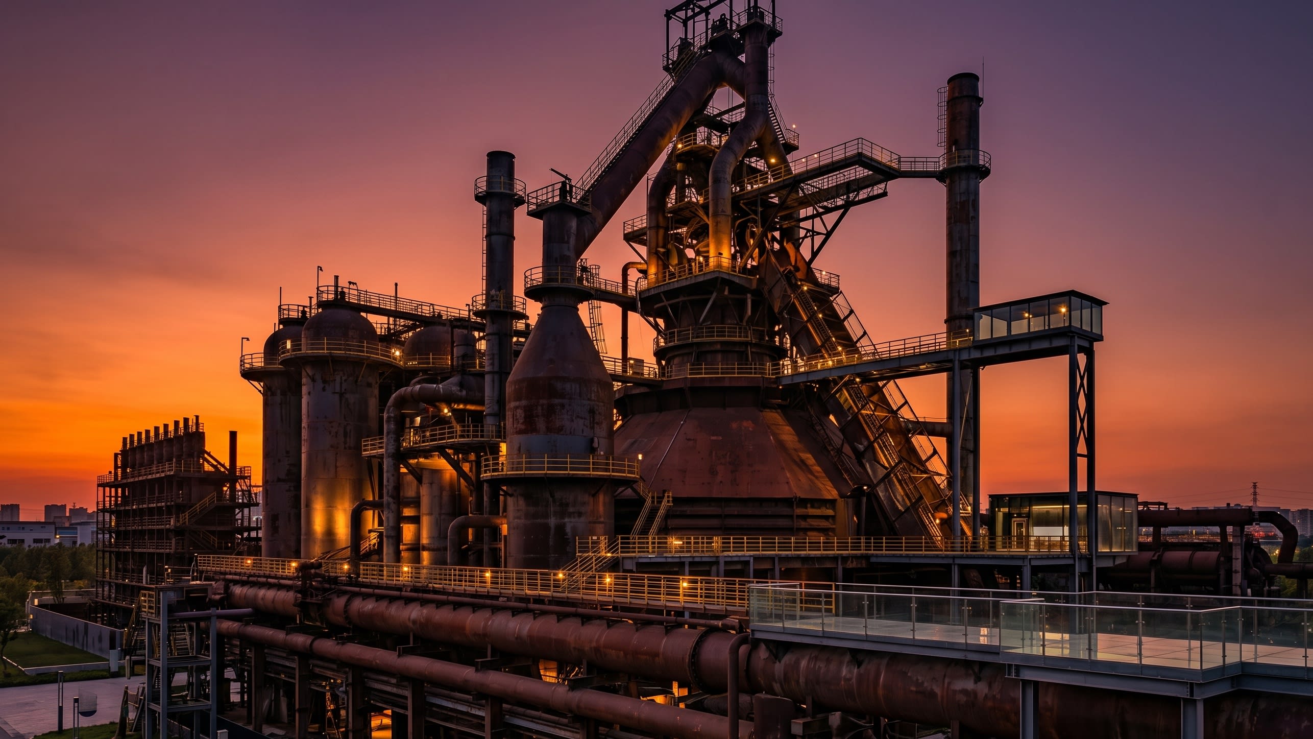 Hero Image - The rusted majesty of Shougang's blast furnaces under a burning sky