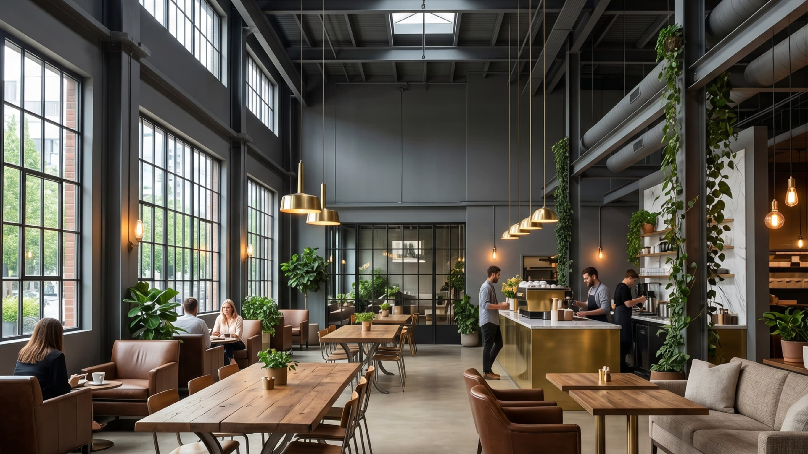 Image 3 - The peaceful contrast of green life and grey steel in an industrial-style cafe