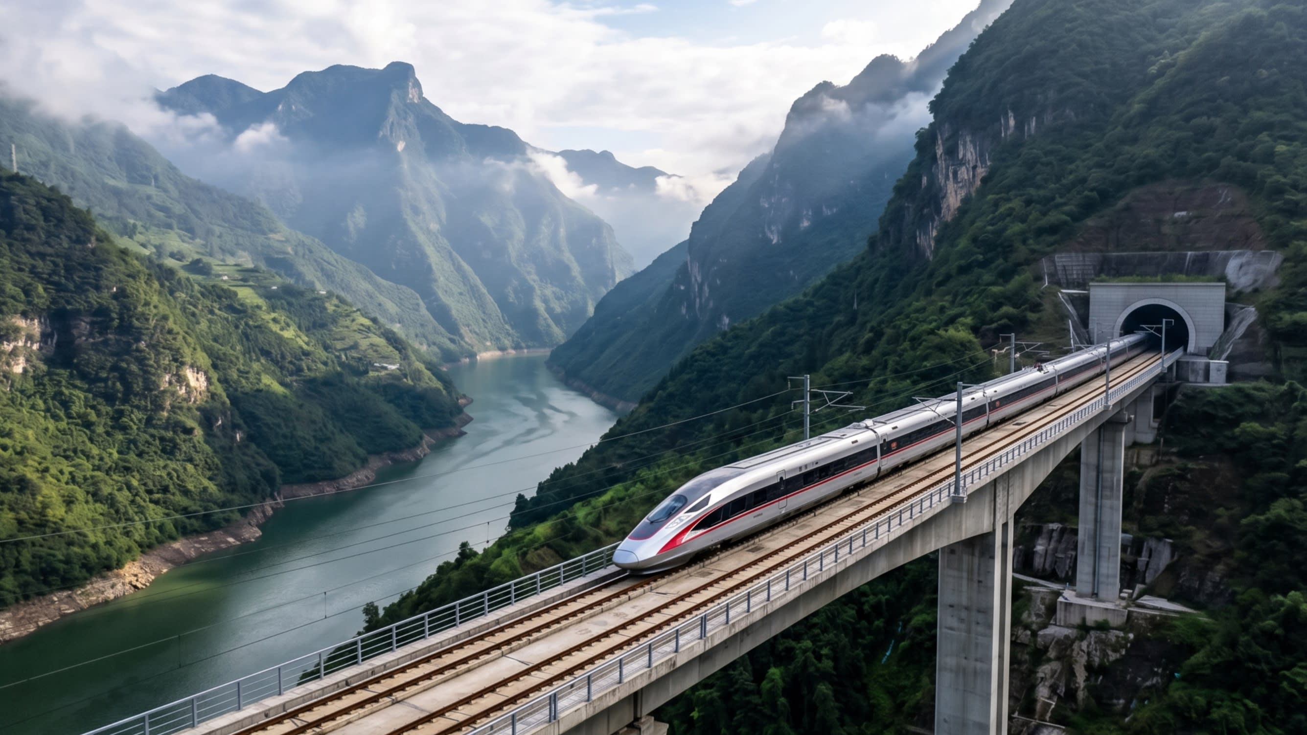Image 4 - The 2026 reality: High-speed rail threading through the vertical world of the Yangtze