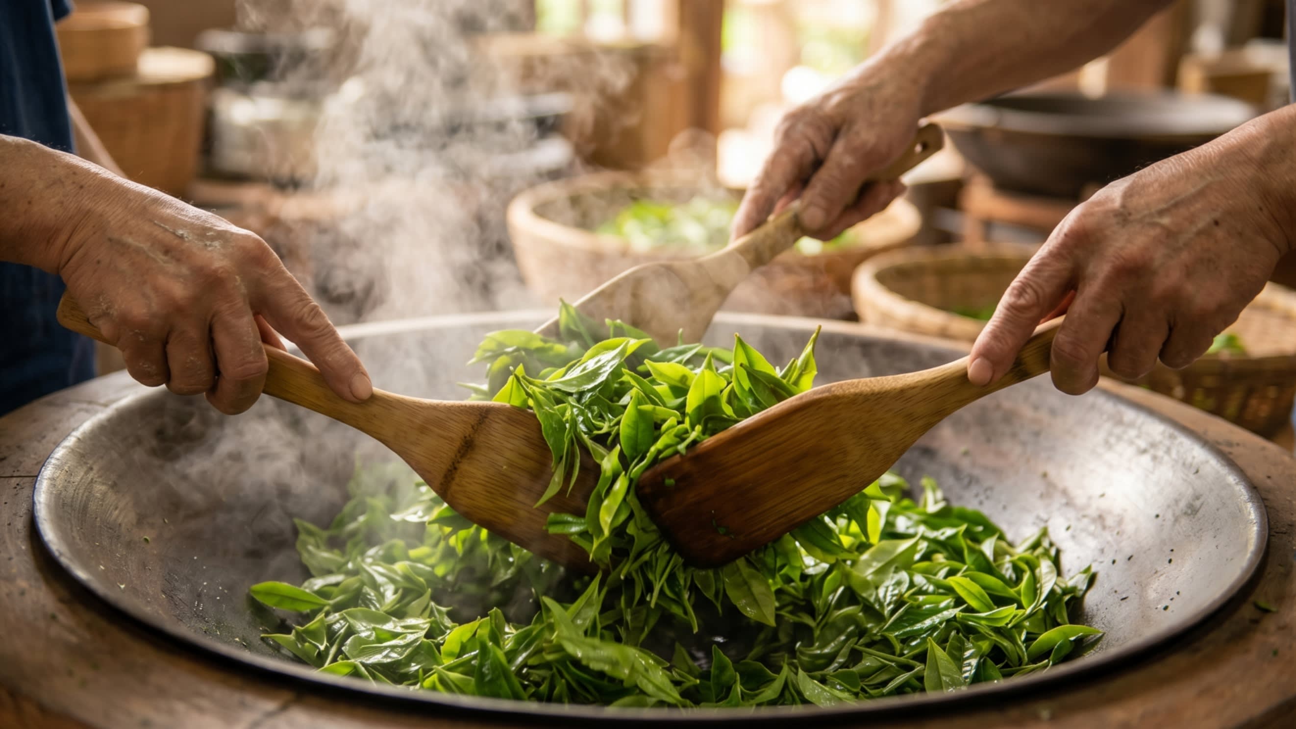 Image 1 - The artisanal fire: Hands dancing with the fresh Longjing leaves