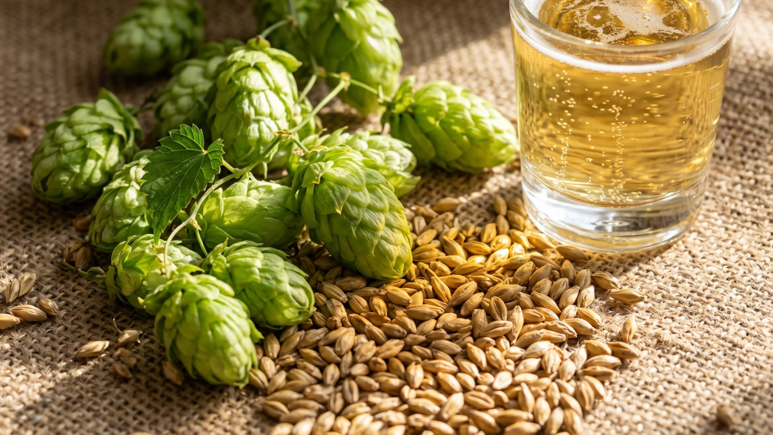 Close up of raw barley and hops on a rustic wooden counter with a brewery in the blurred background