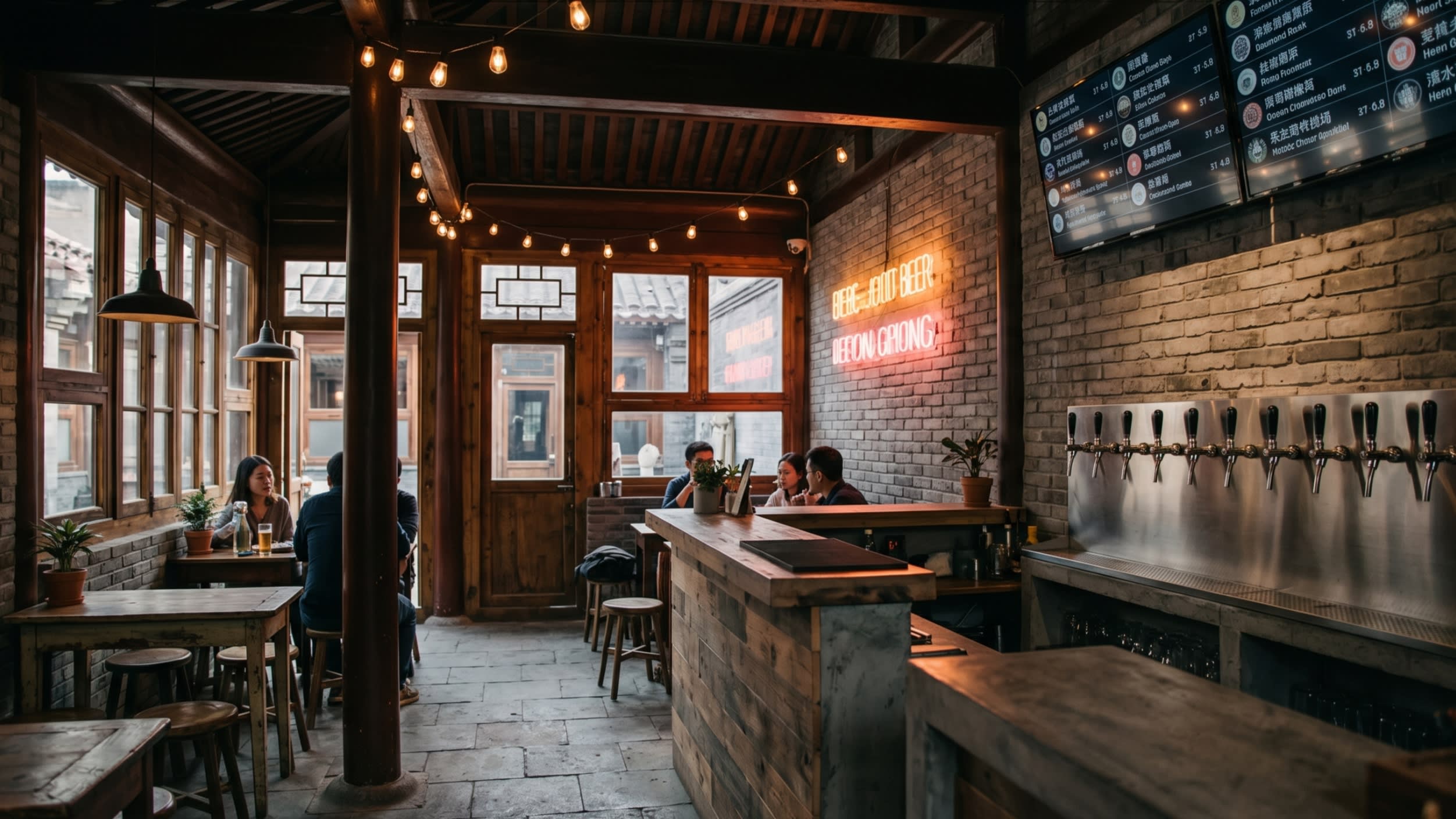 A dimly lit Beijing Hutong bar where weathered brick walls meet gleaming modern stainless steel taps