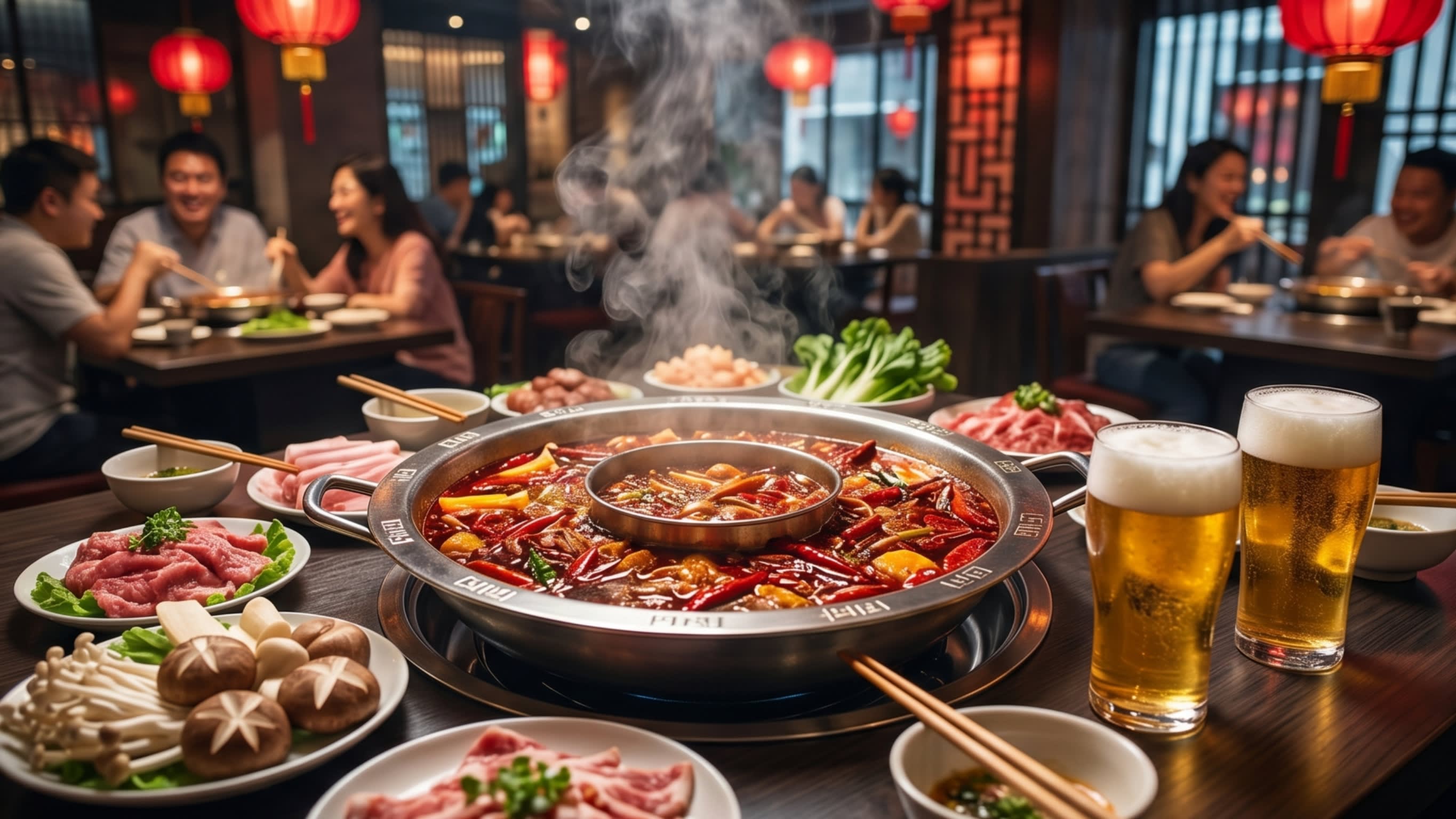 The ultimate pairing: A crystal-clear glass of golden ale set beside the vibrant, oily spices of a traditional Sichuan hotpot