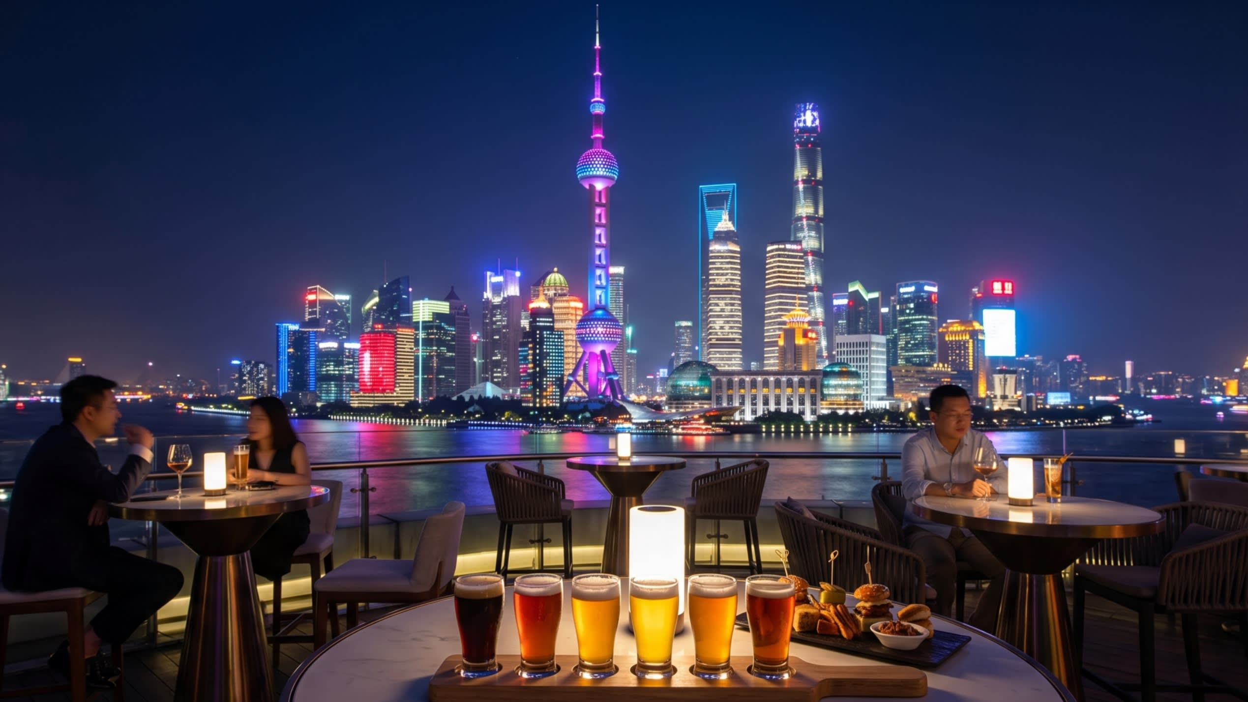 Neon lights reflecting off a flight of craft beer glasses on a rooftop terrace overlooking the Lujiazui skyline