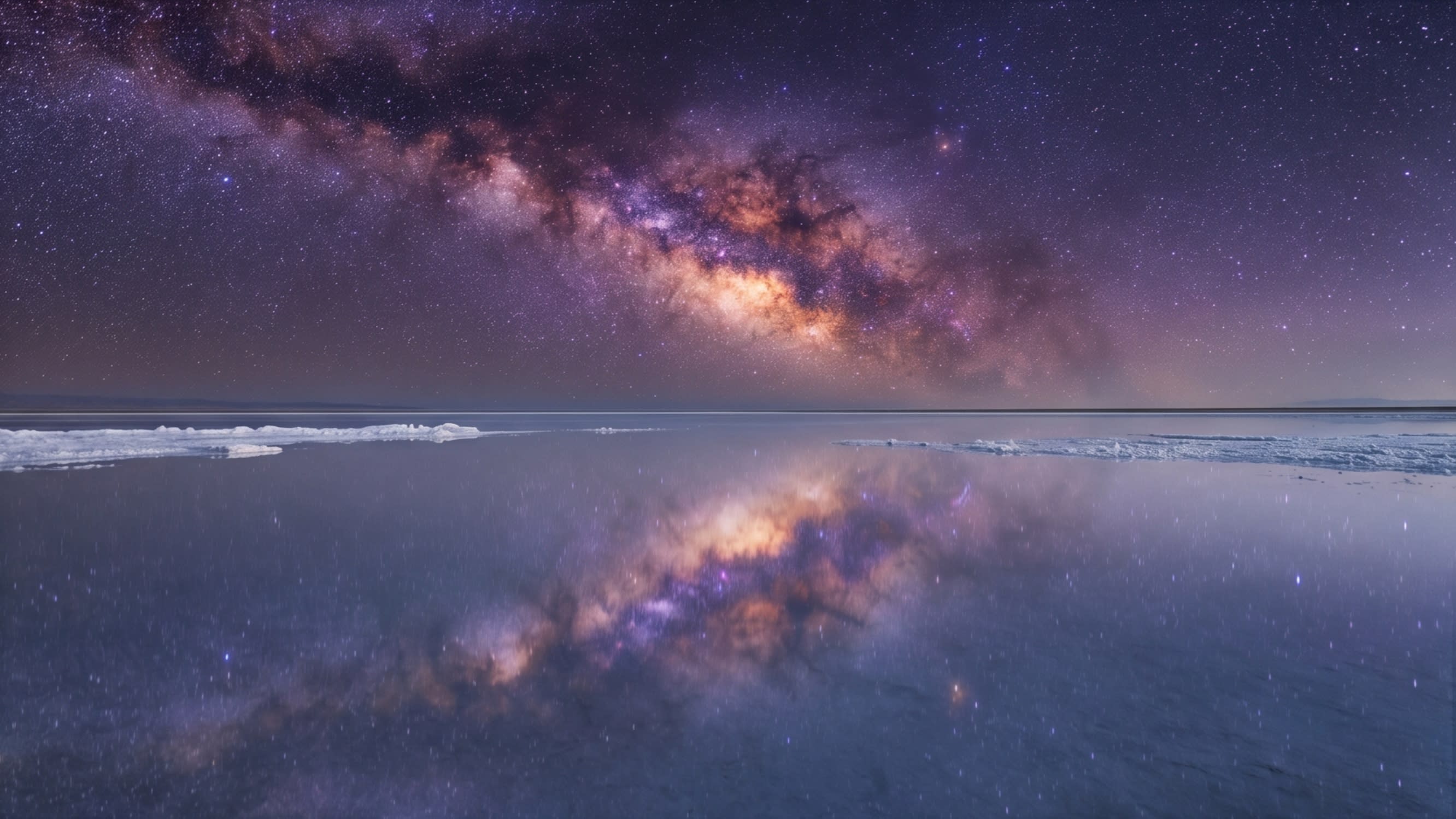 The Milky Way galaxy perfectly mirrored in the silent, still waters of the salt lake