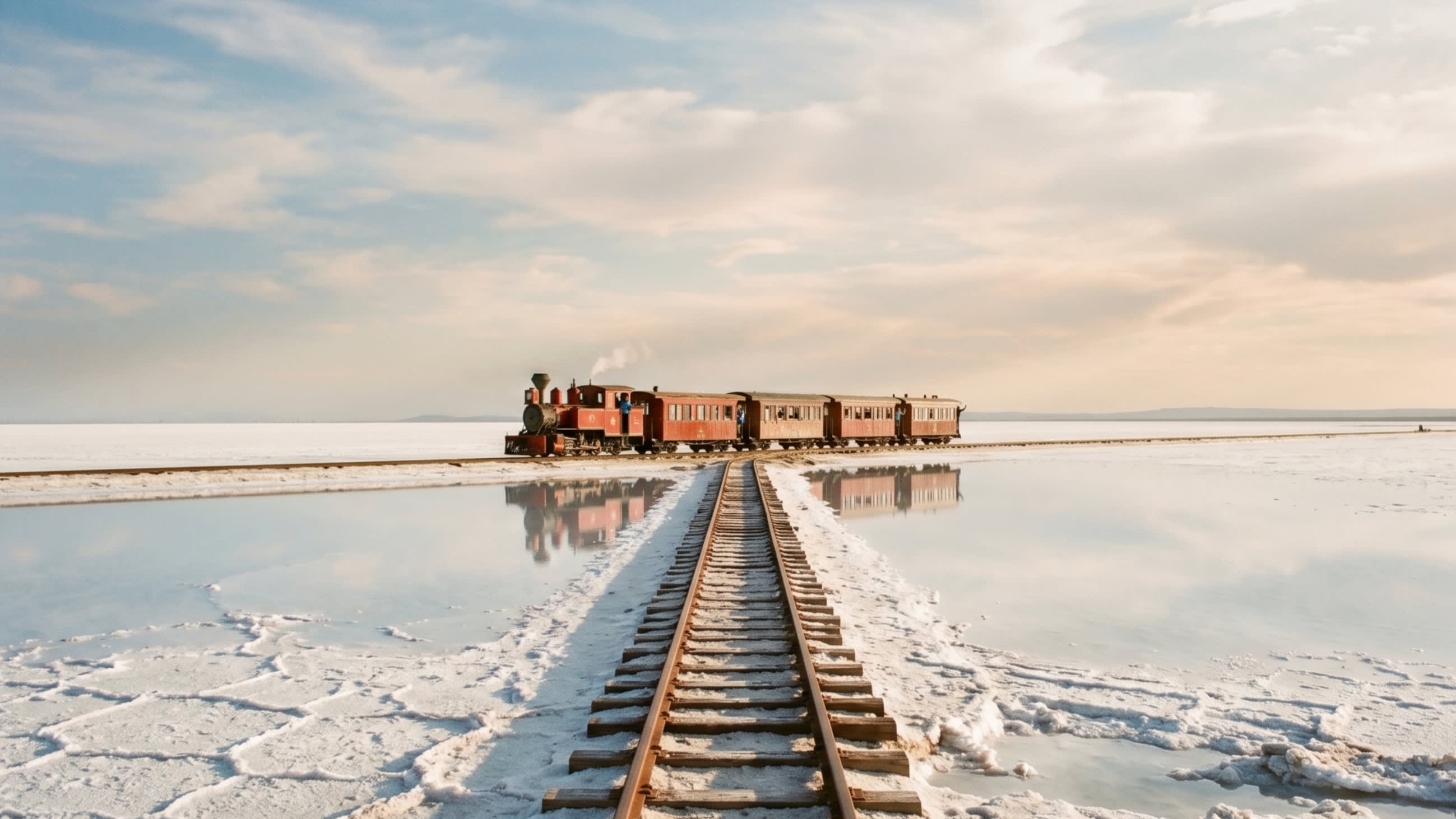 A vintage-style train crossing the expansive, snow-white salt crust of Chaka
