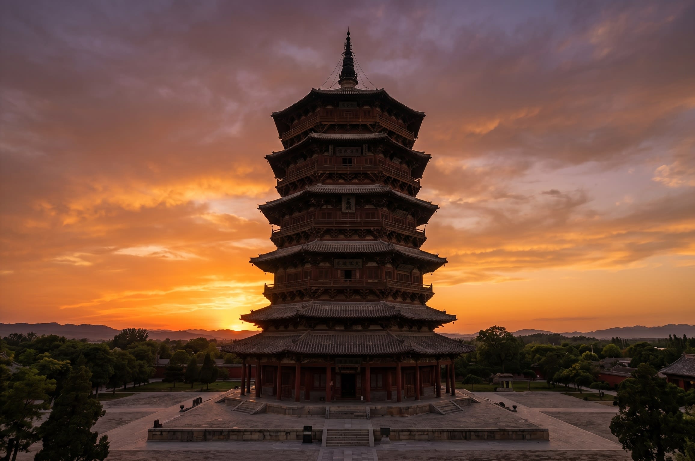The unshakeable titan: Yingxian Wooden Pagoda against a burning twilight