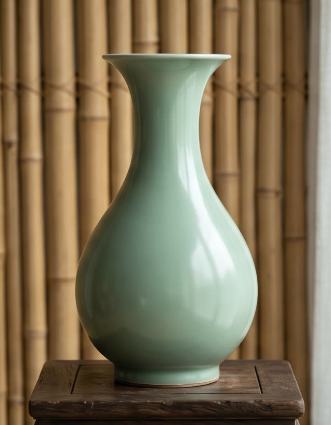 A singular, serene celadon vase showing the characteristic jade-green glaze