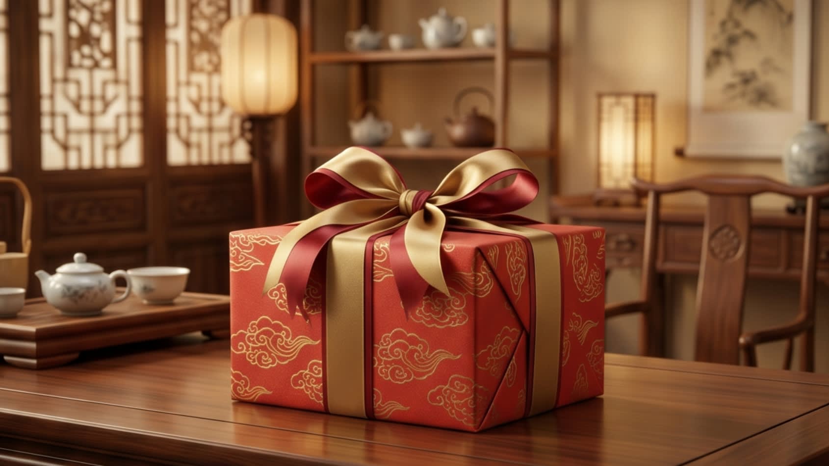 A beautifully wrapped premium gift set placed against an elegant traditional Chinese wooden table