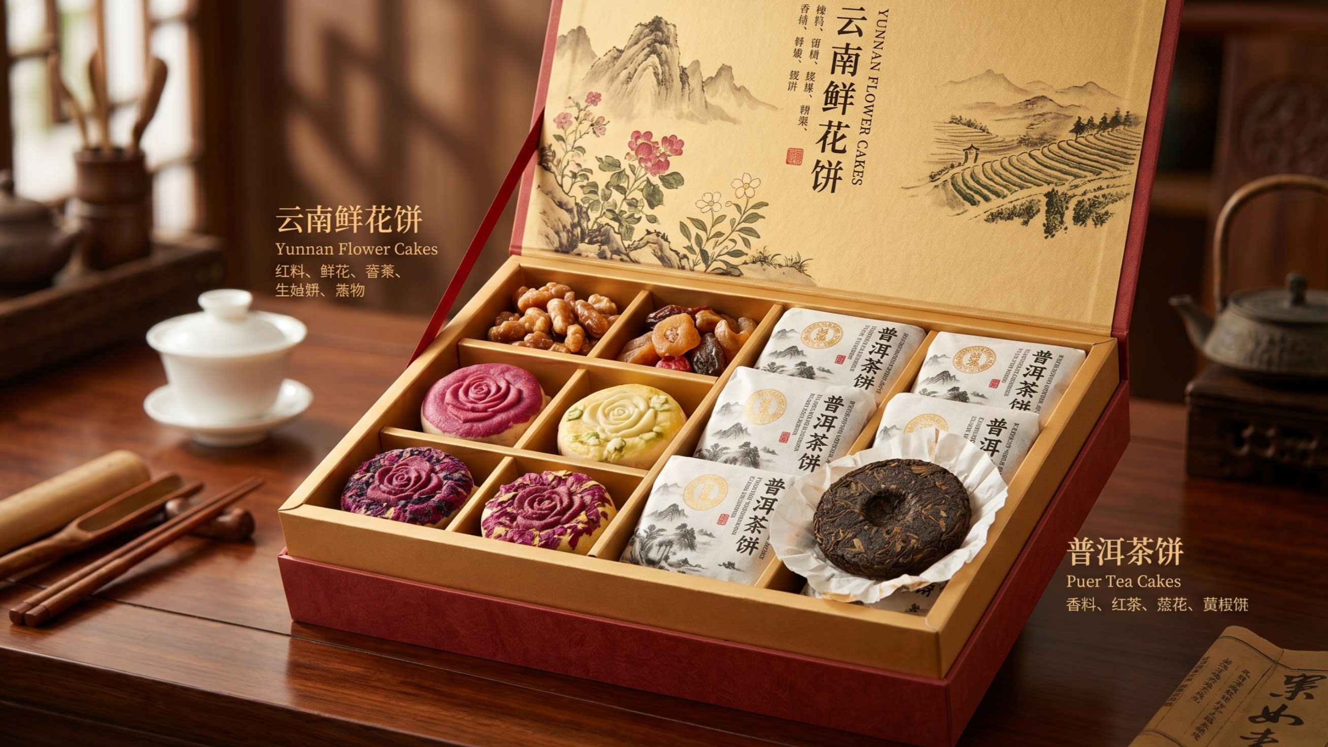 A beautifully arranged gift box filled with regional delicacies from Yunnan