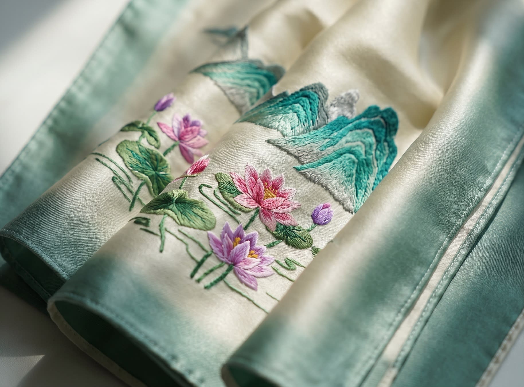 Intricate hand-embroidered silk fabric with delicate traditional floral patterns