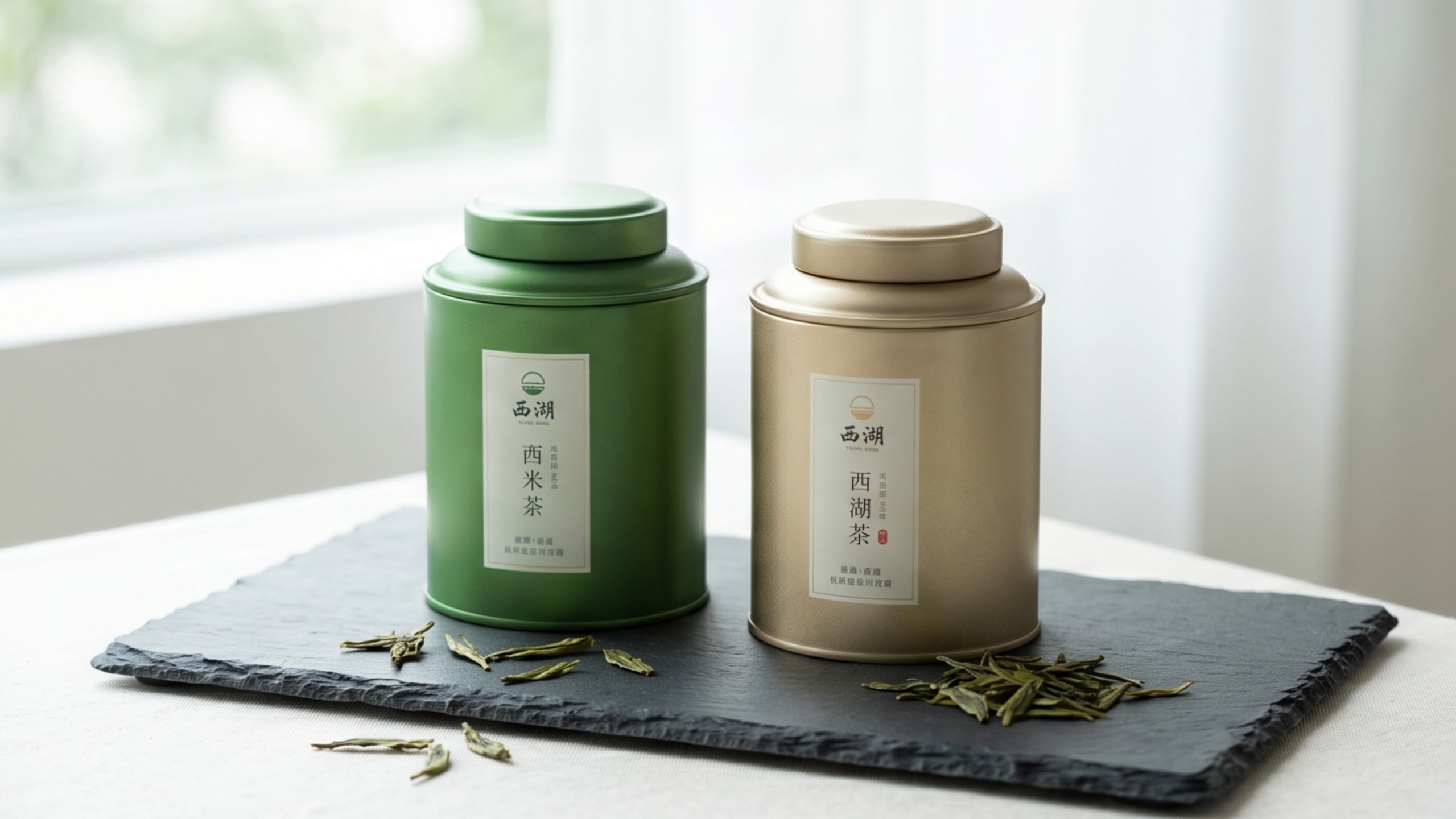 A serene composition of artisanal tea canisters in a minimalist, high-end display