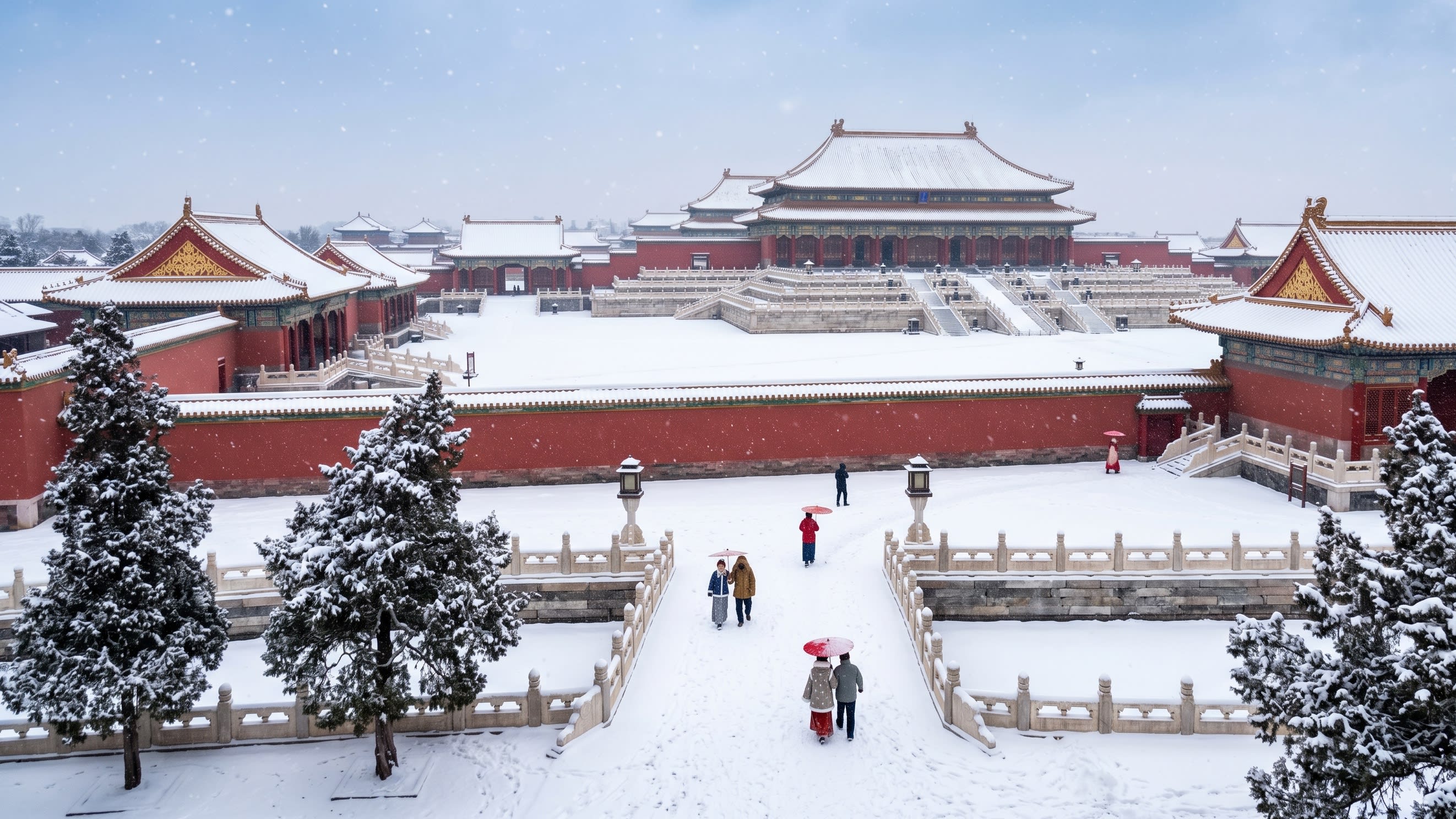 The vivid vermillion walls of the Forbidden City blanketed by the first snow of the season