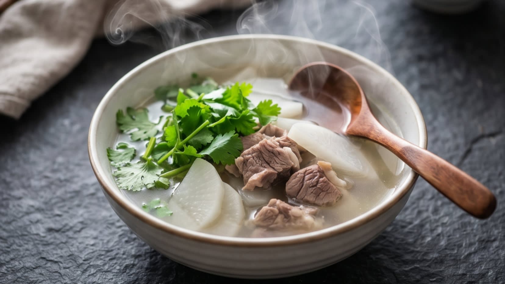 A steaming, milky-white bowl of mutton soup, the perfect winter warmer
