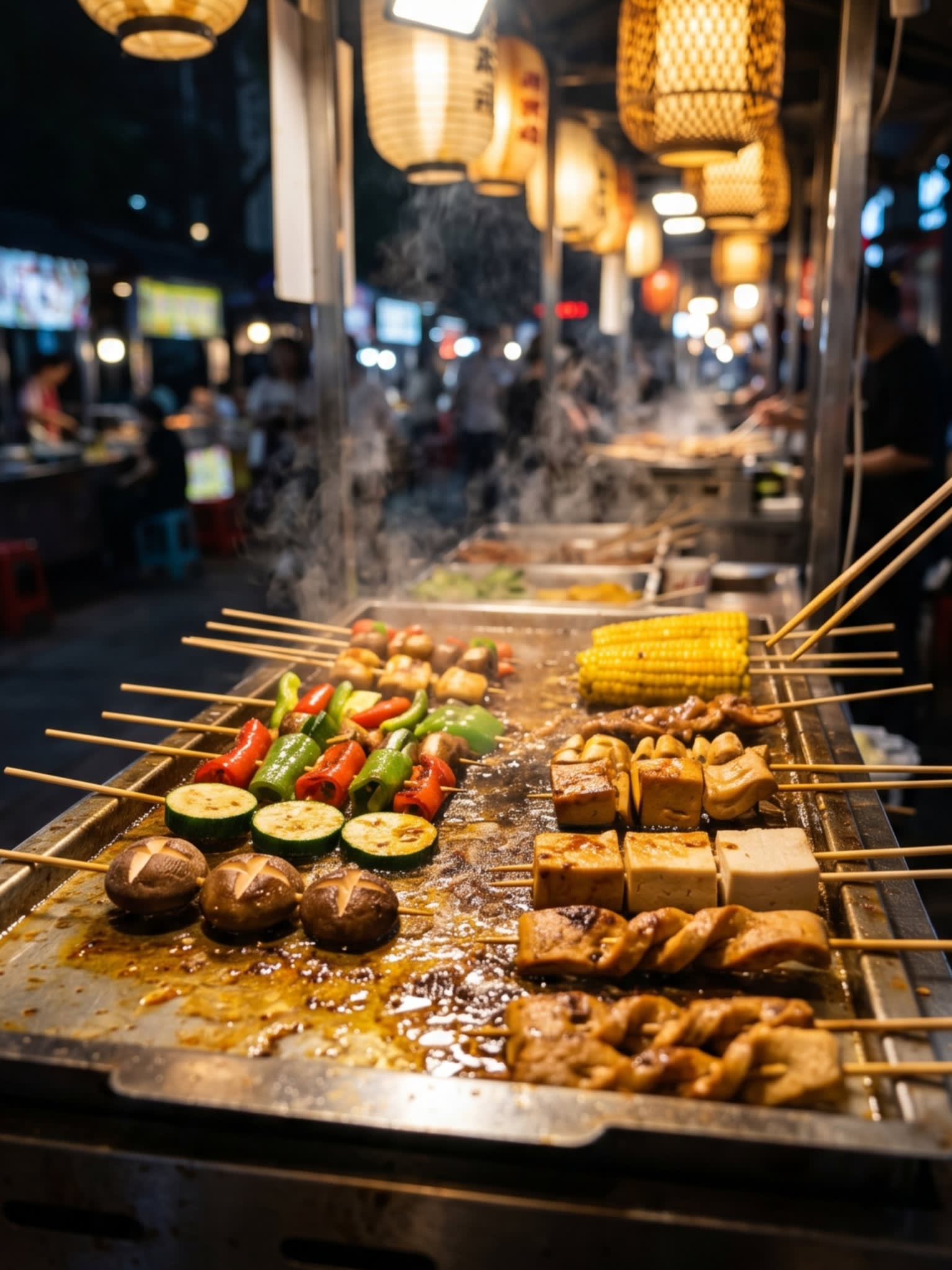 The atmosphere of a bustling street food market, capturing the essence of local life