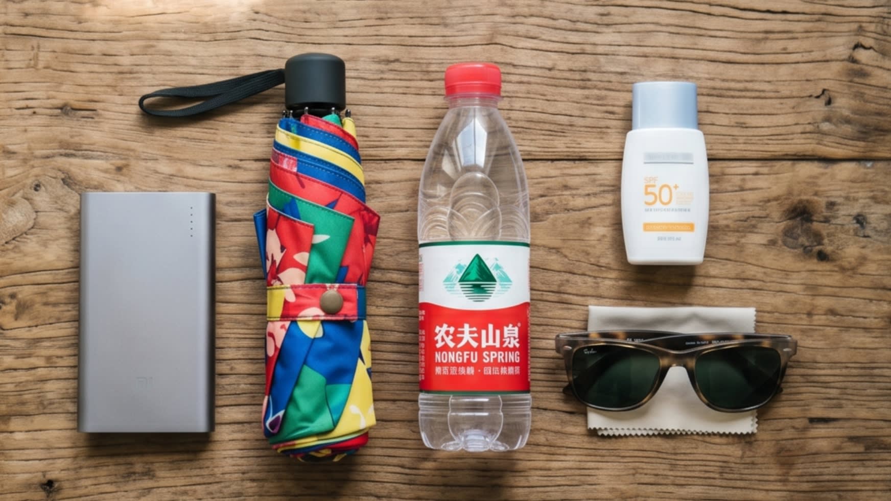 An explorer's gear essentials, neatly arranged for a day of discovery