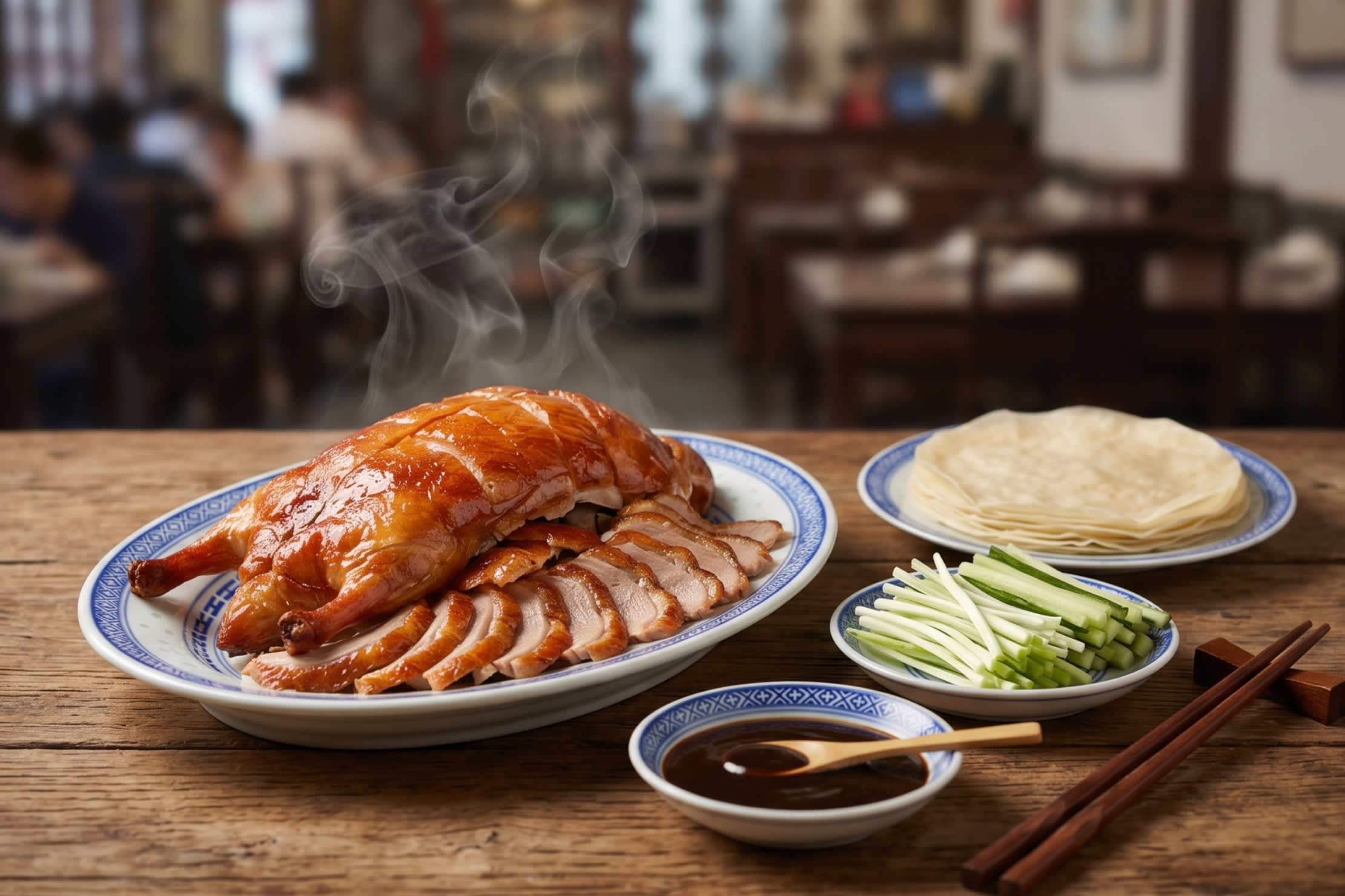 A beautifully sliced, crispy-skinned Peking Duck served with traditional condiments