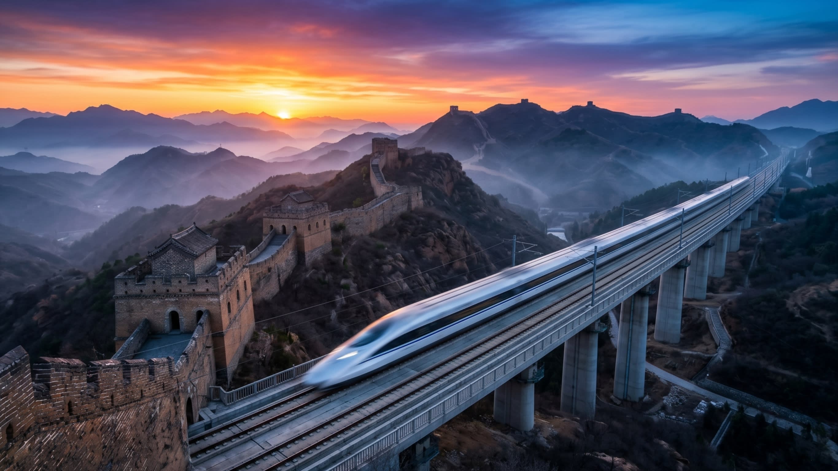 A high-speed train blurring past the ancient, sun-drenched stones of the Great Wall at dawn