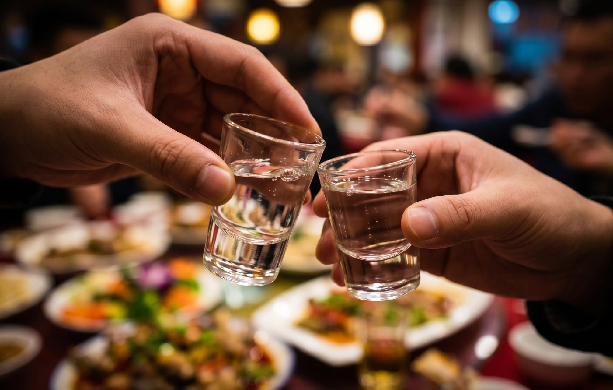 Two glasses of baijiu clinking in a toast, with the guest holding their glass lower as a sign of respect