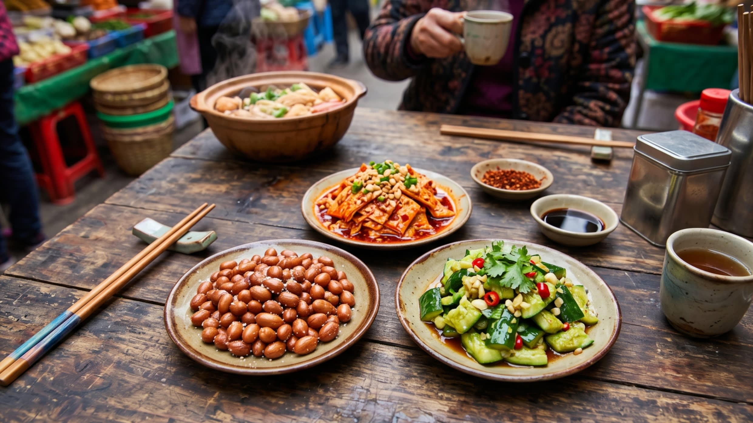 Simple snacks like fried peanuts and spicy tofu skin arranged on a wooden table