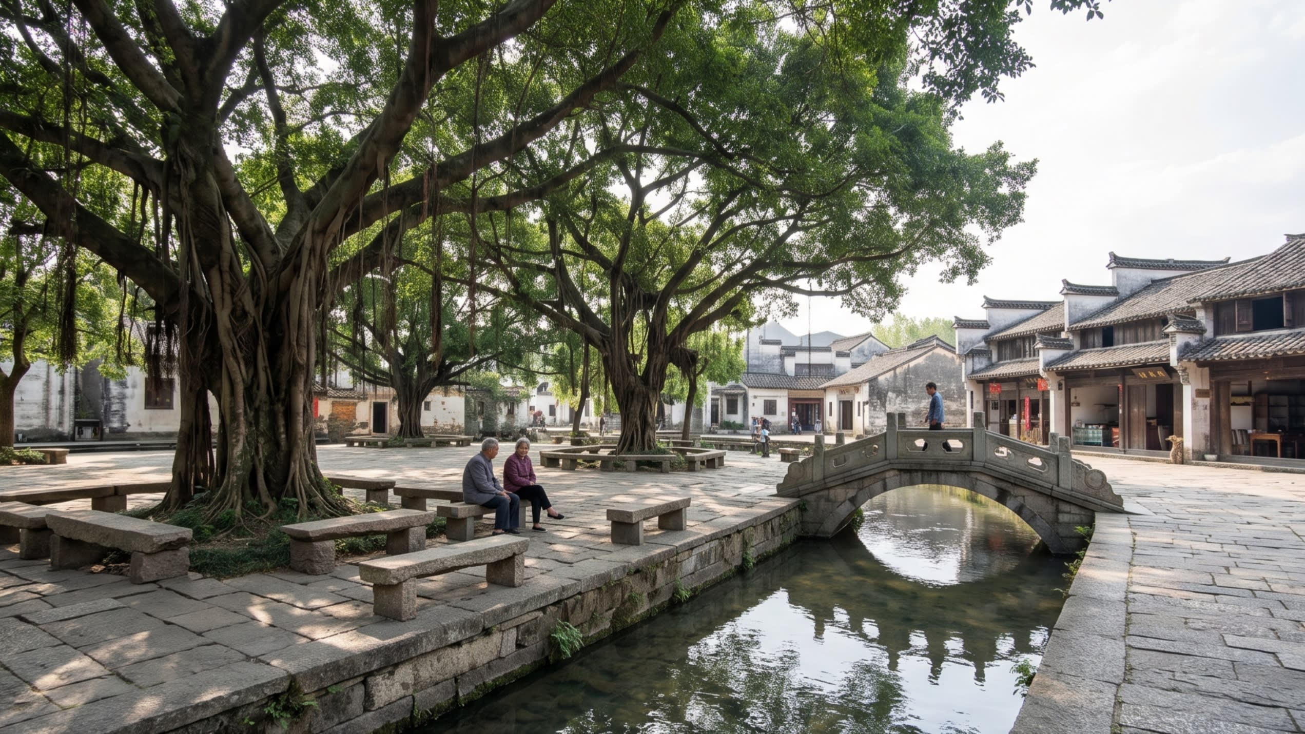 A peaceful village square where locals play chess under the shade of an ancient tree