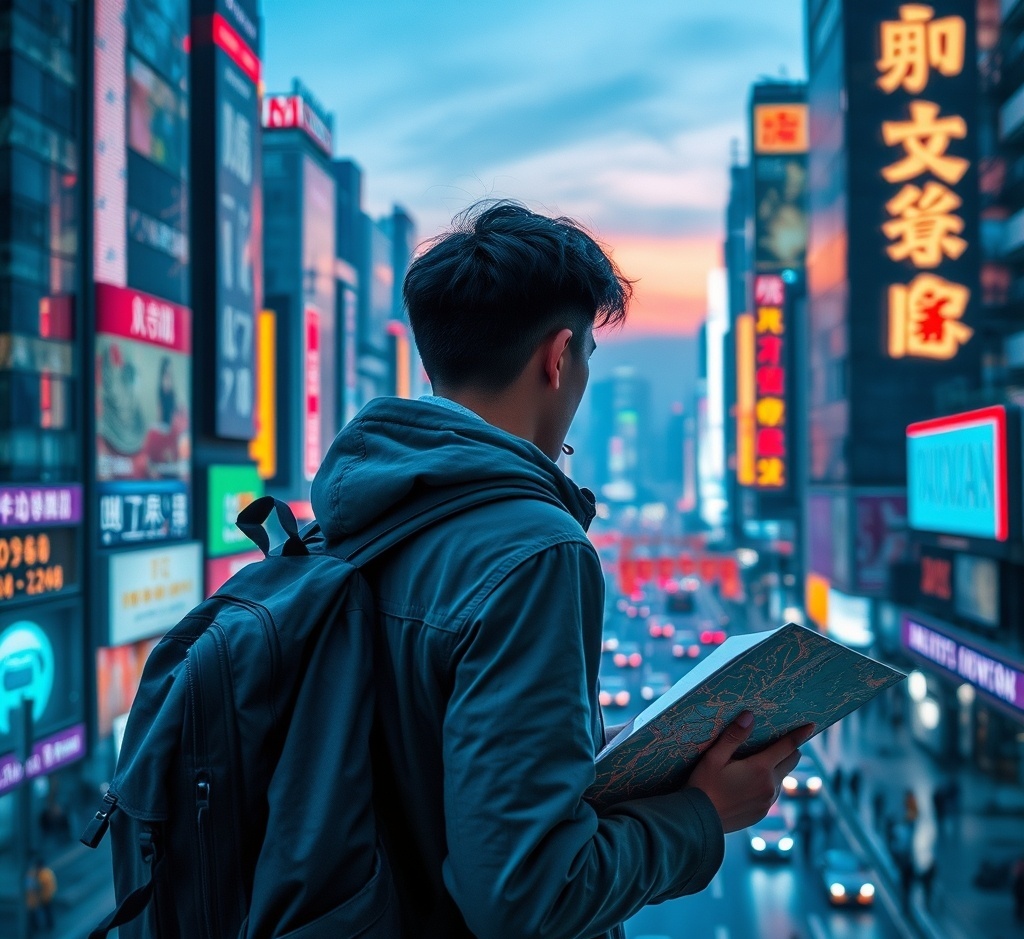 Solo traveler navigating a modern Chinese city safely
