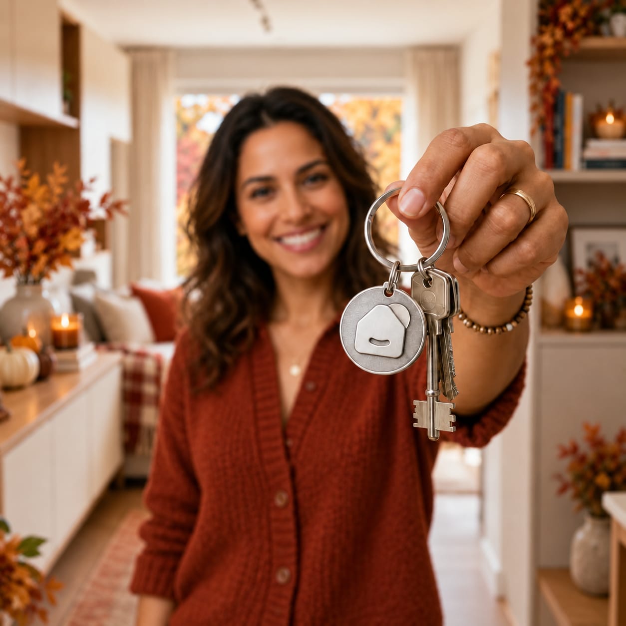 Locataire souriante tenant les clés de son nouveau logement