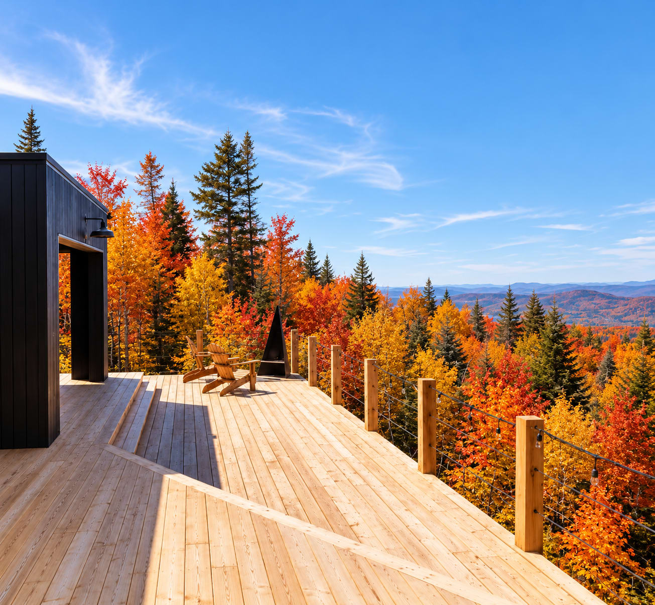 Terrasse en bois avec vue sur la forêt