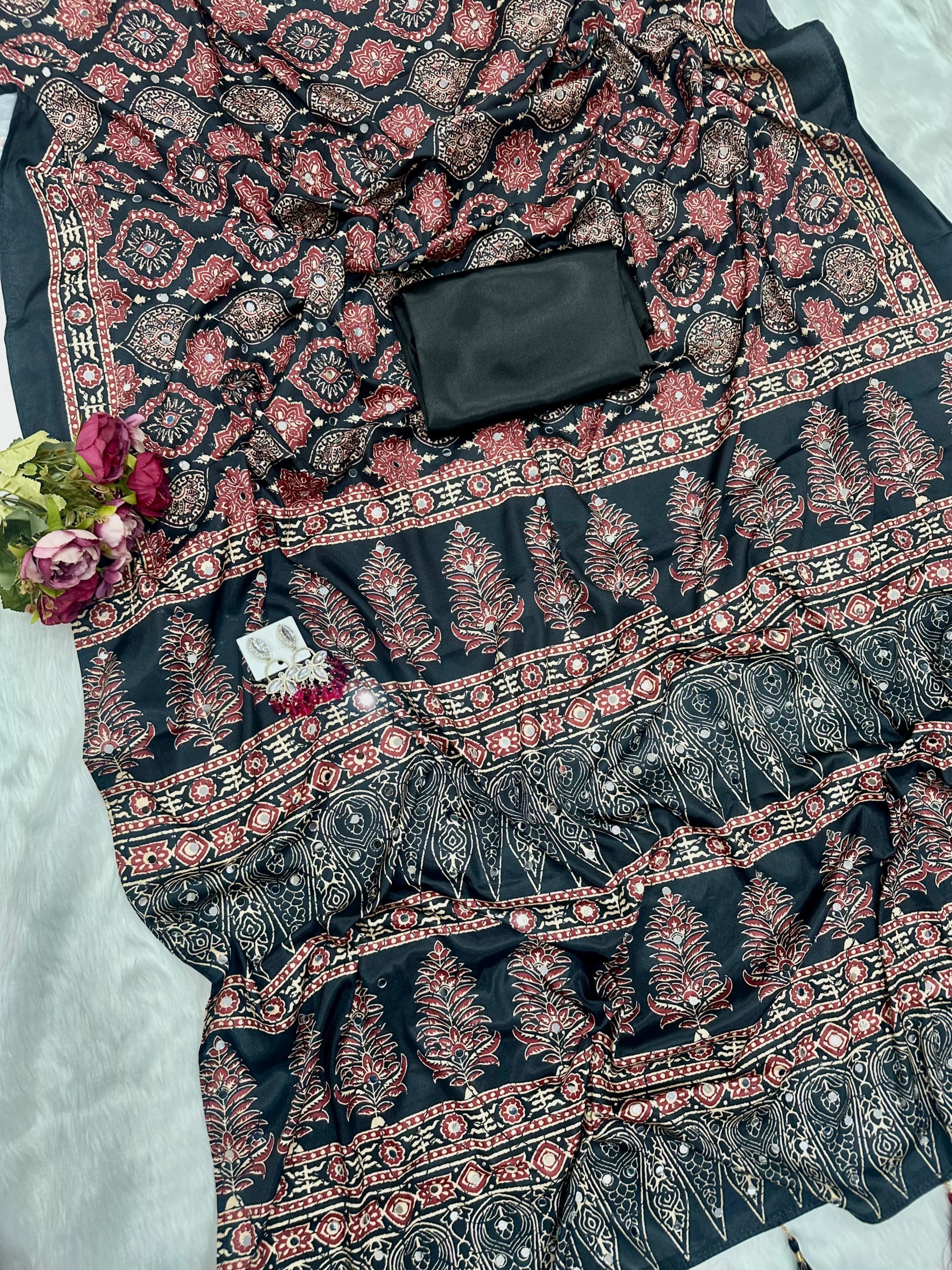 New Designer Ajrak Silk Saree – Mirror Handwork Collection - View 3