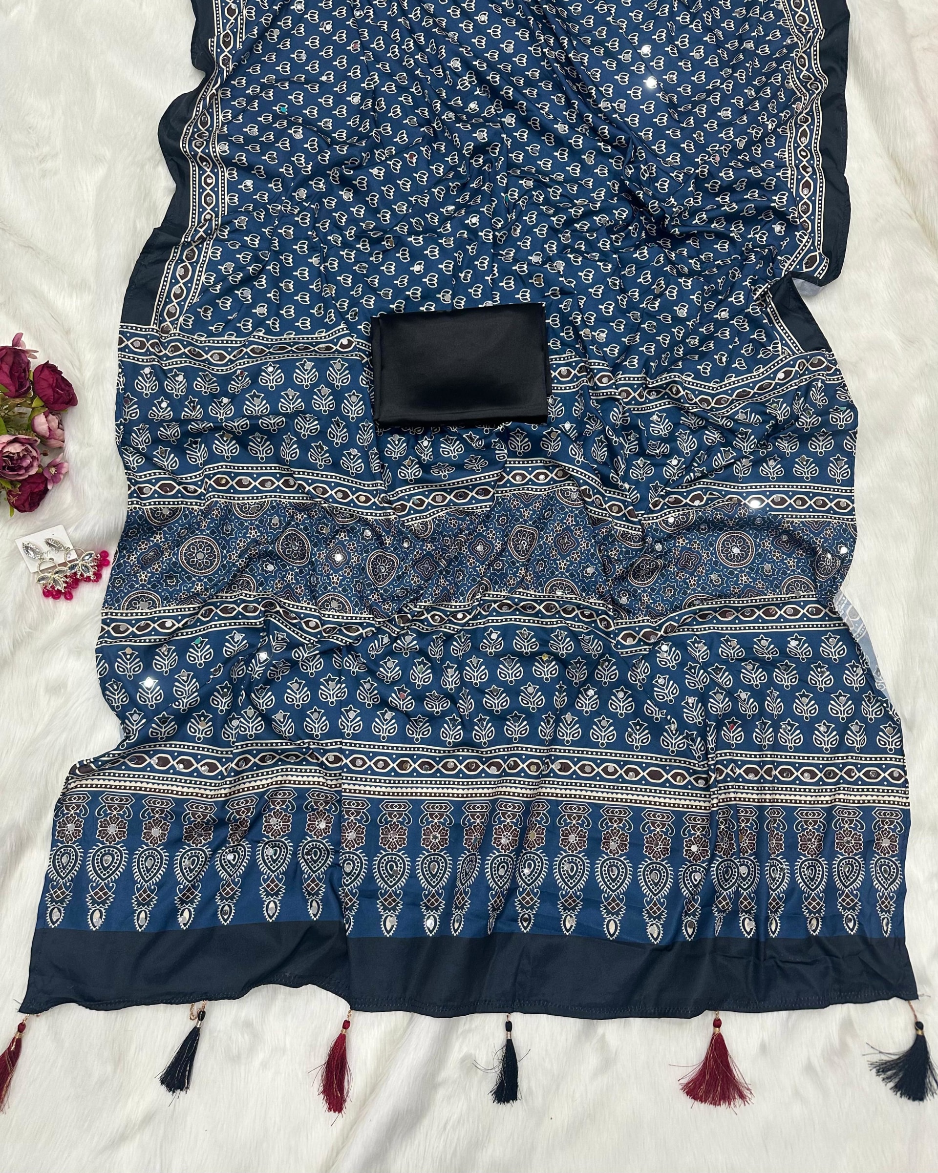 New Designer Ajrak Silk Saree – Mirror Handwork Collection - View 4