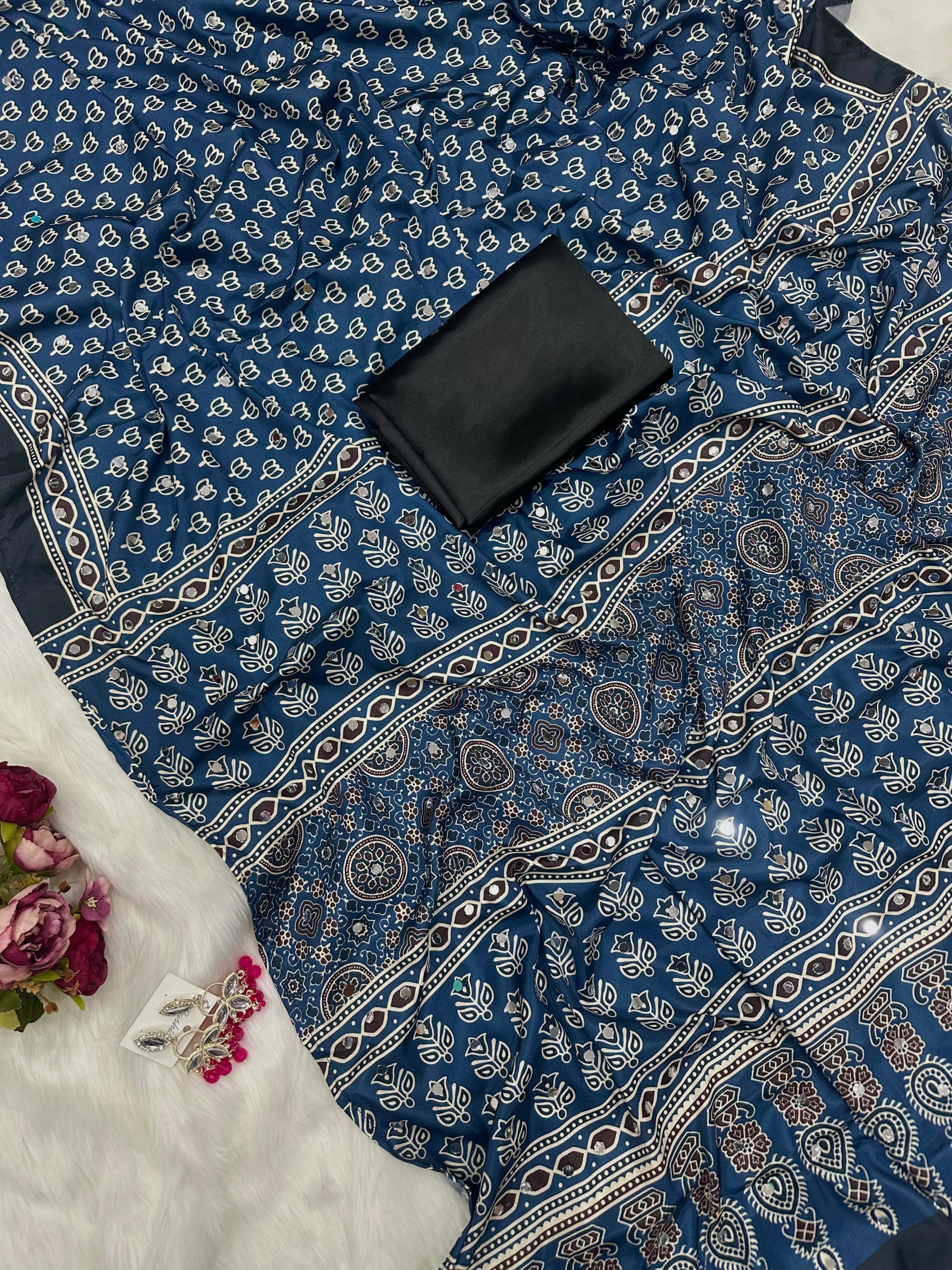 New Designer Ajrak Silk Saree – Mirror Handwork Collection - View 3