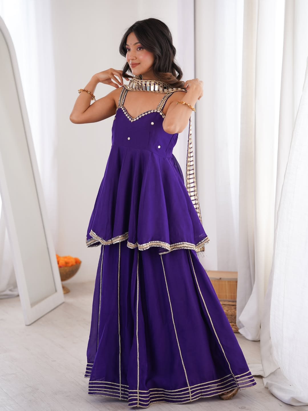 Chinon Mirror Work Palazzo Set with Stylish Belt & Gota Patti Work - View 8