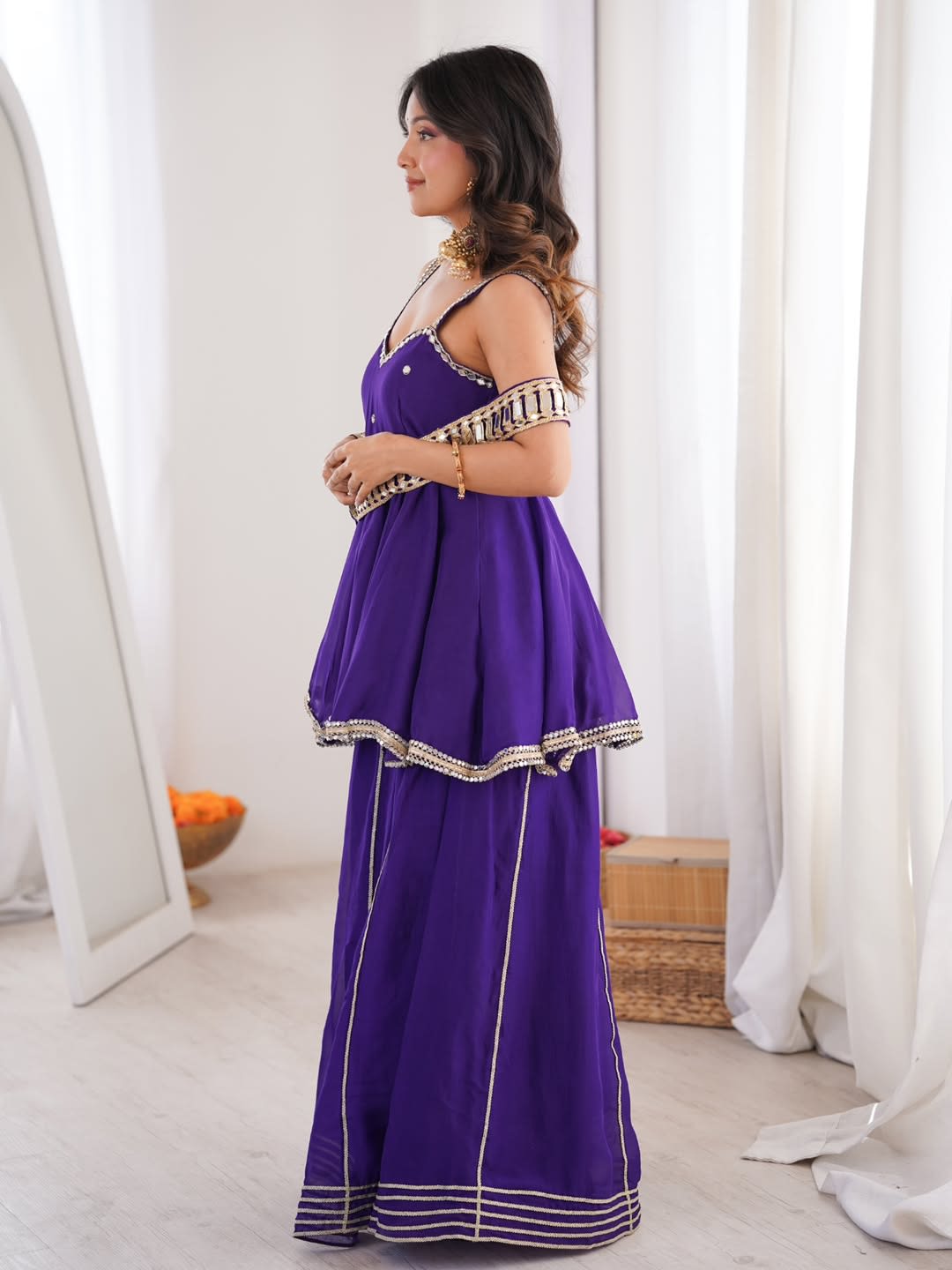 Chinon Mirror Work Palazzo Set with Stylish Belt & Gota Patti Work - View 7