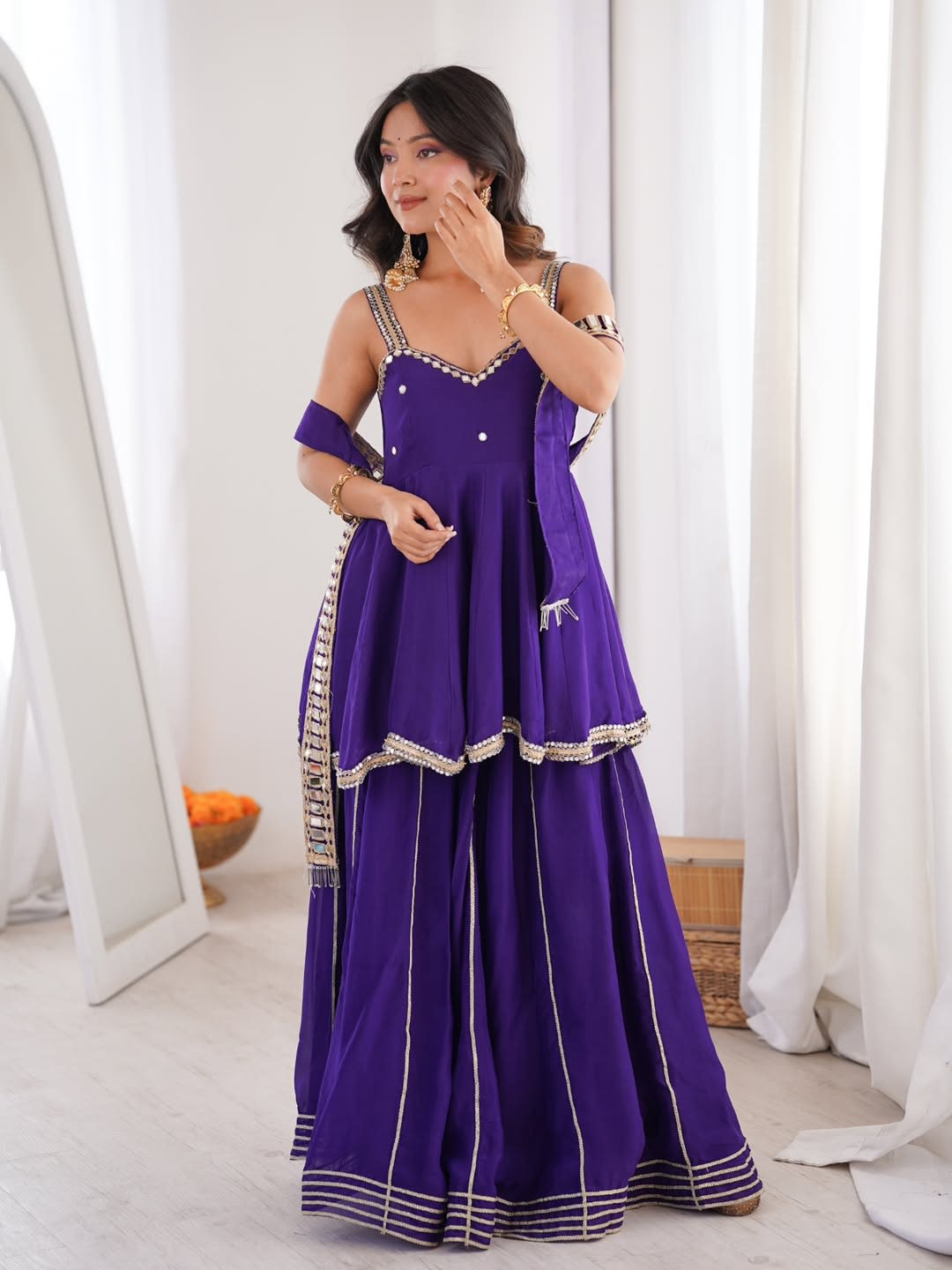 Chinon Mirror Work Palazzo Set with Stylish Belt & Gota Patti Work - View 9