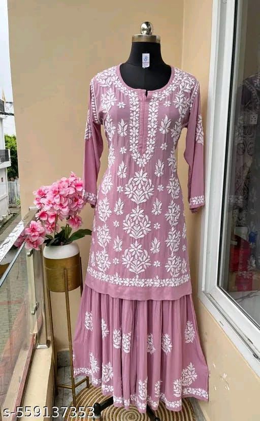 Designer Cotton Silk Kurti with Sharara Set - View 2