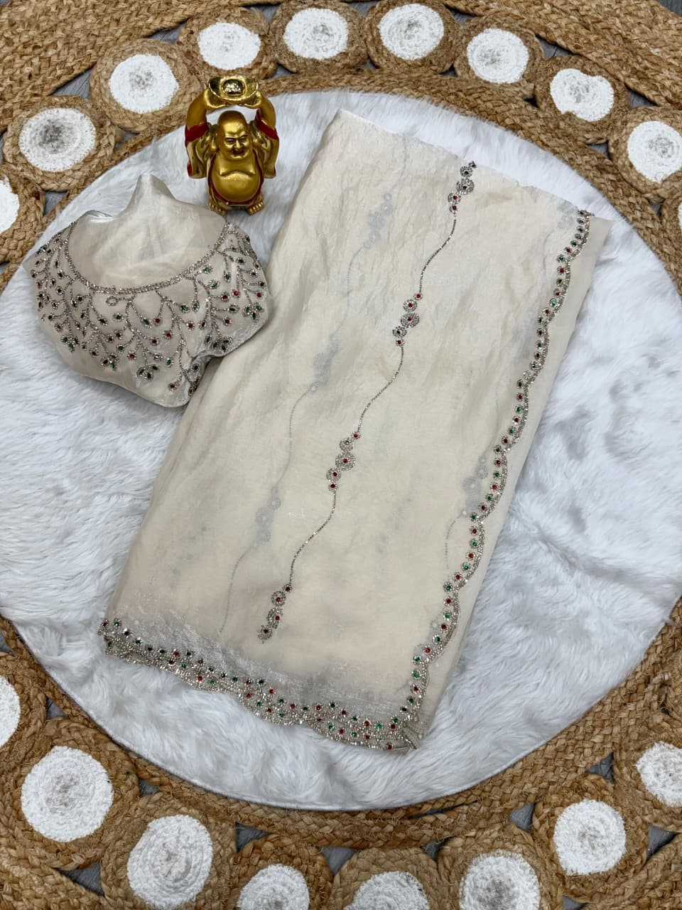 Premium Space Silk Saree with Jarkhan & Stone Work - View 3