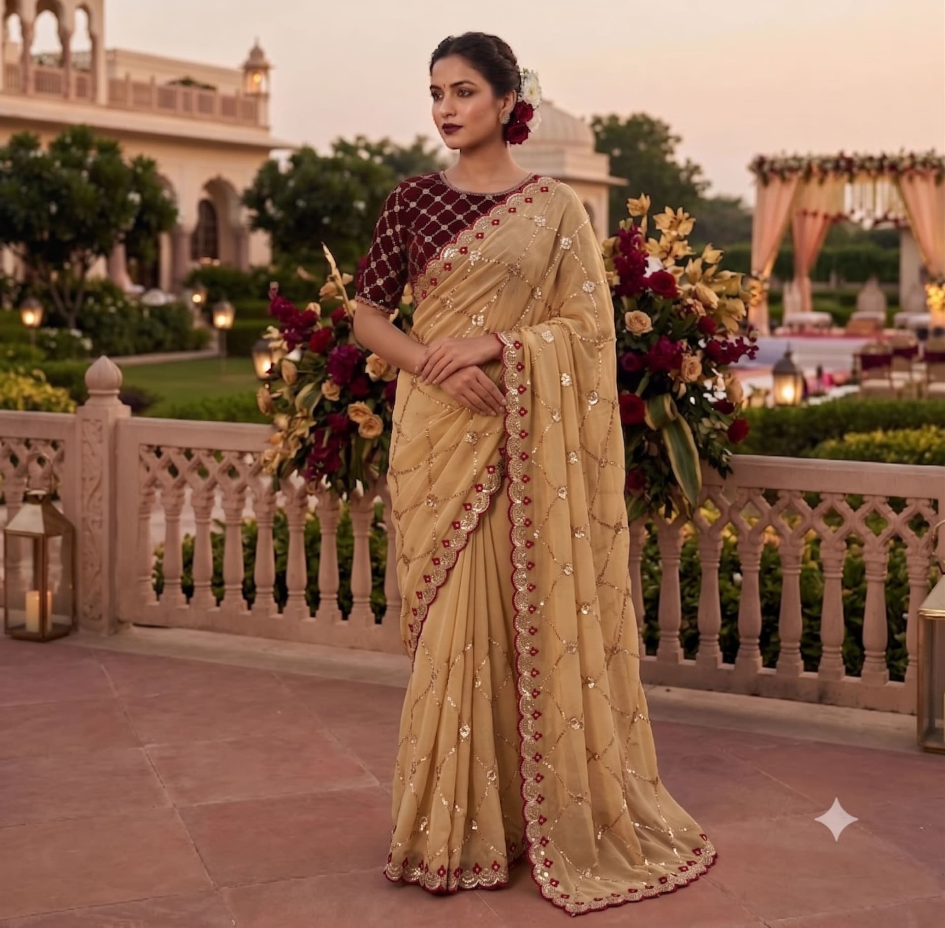 Star Georgette Saree with all-over Multi Sequence Work - Premium Star Georgette Saree Online India - Buy at ₹1250 - Image 1