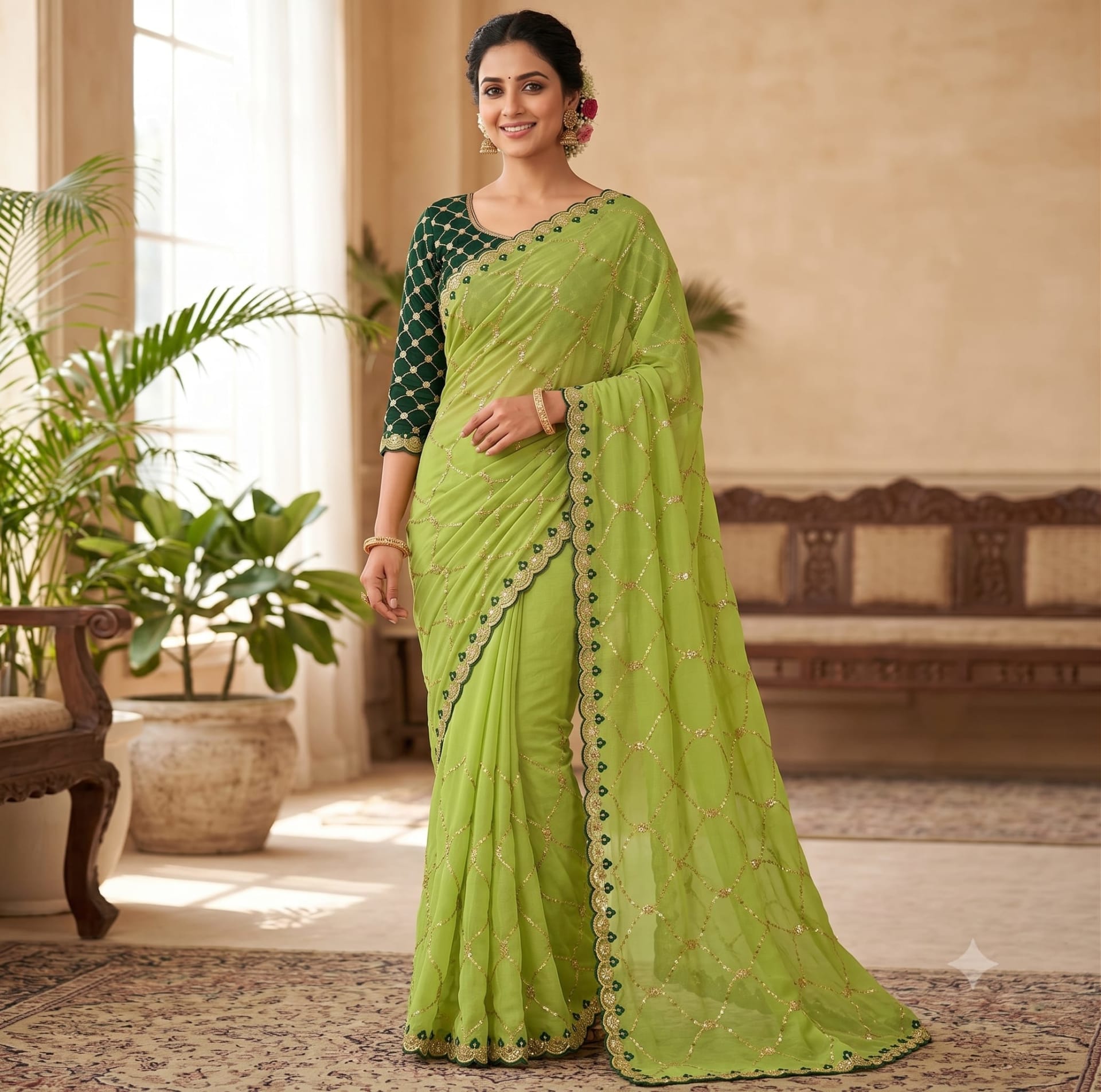 Star Georgette Saree with all-over Multi Sequence Work - Premium-quality Star Georgette fabric Saree Online India - Buy at ₹1250 - Image 1